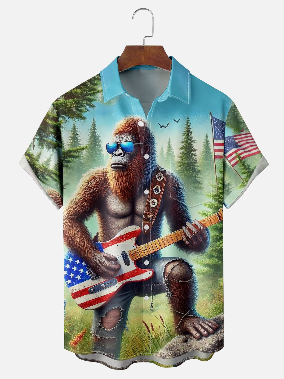 American Flag Bigfoot Guitar Rock Chest Pocket Hawaiian Shirt-1