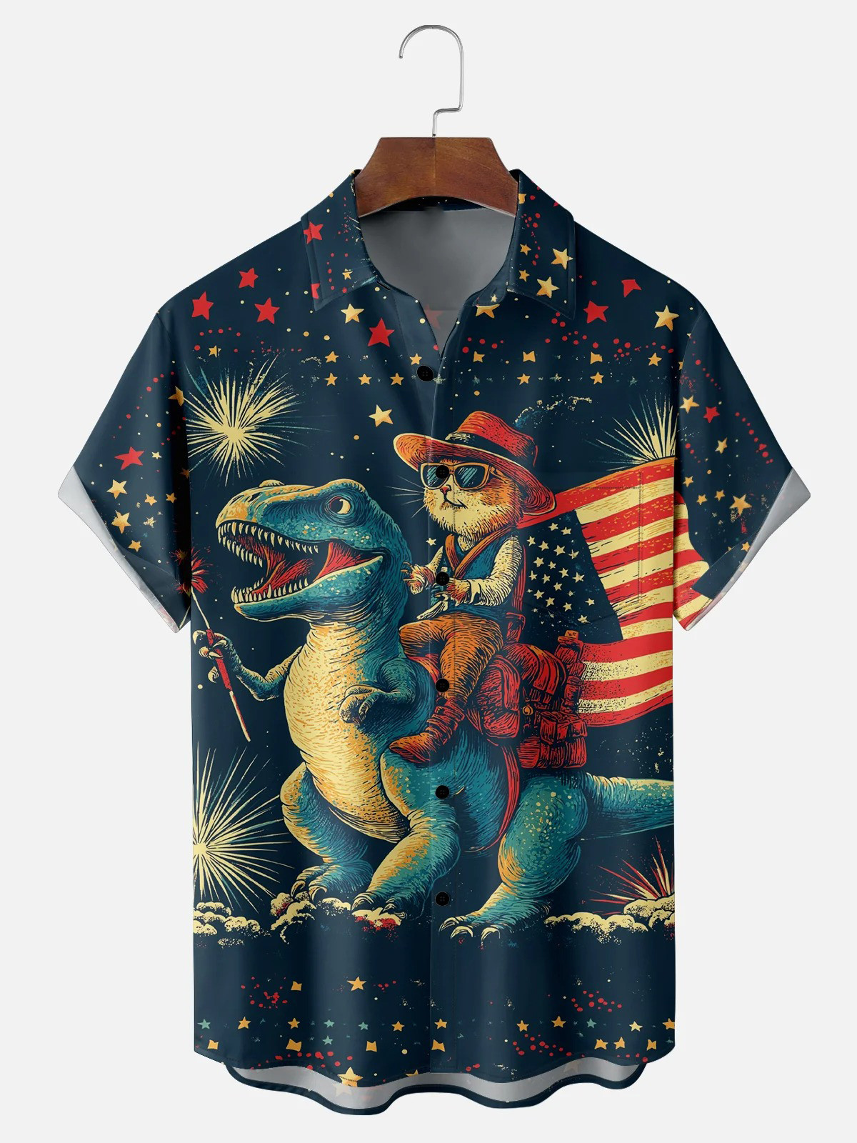 American Flag Cat Rides Dinosaur Chest Pocket Casual Shirt-1