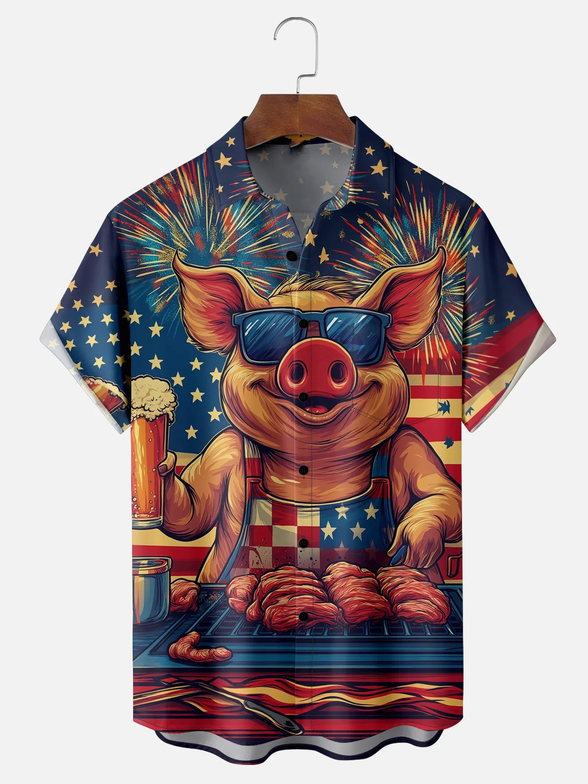 American Flag Chef Pig Beer Barbecue Chest Pocket Casual Shirt-1