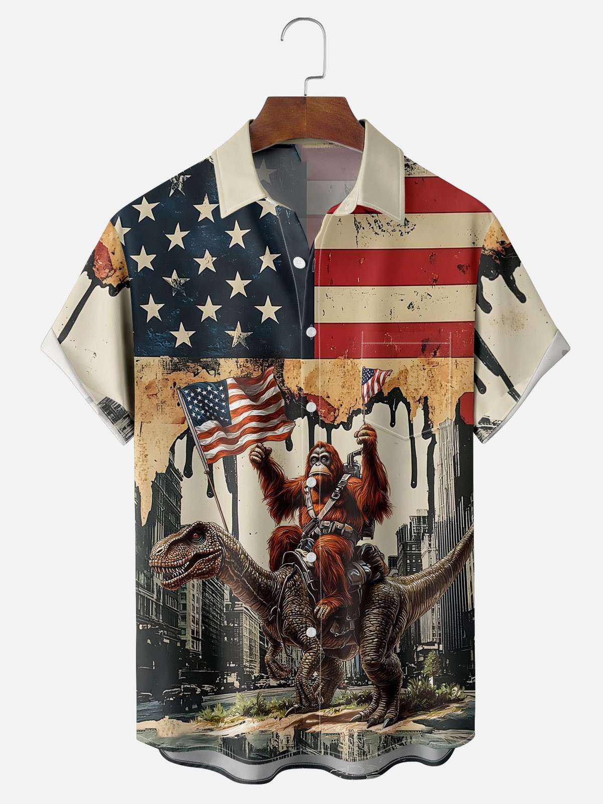 American Flag Dinosaur Bigfoot Independence Day Chest Pocket Casual Shirt-1