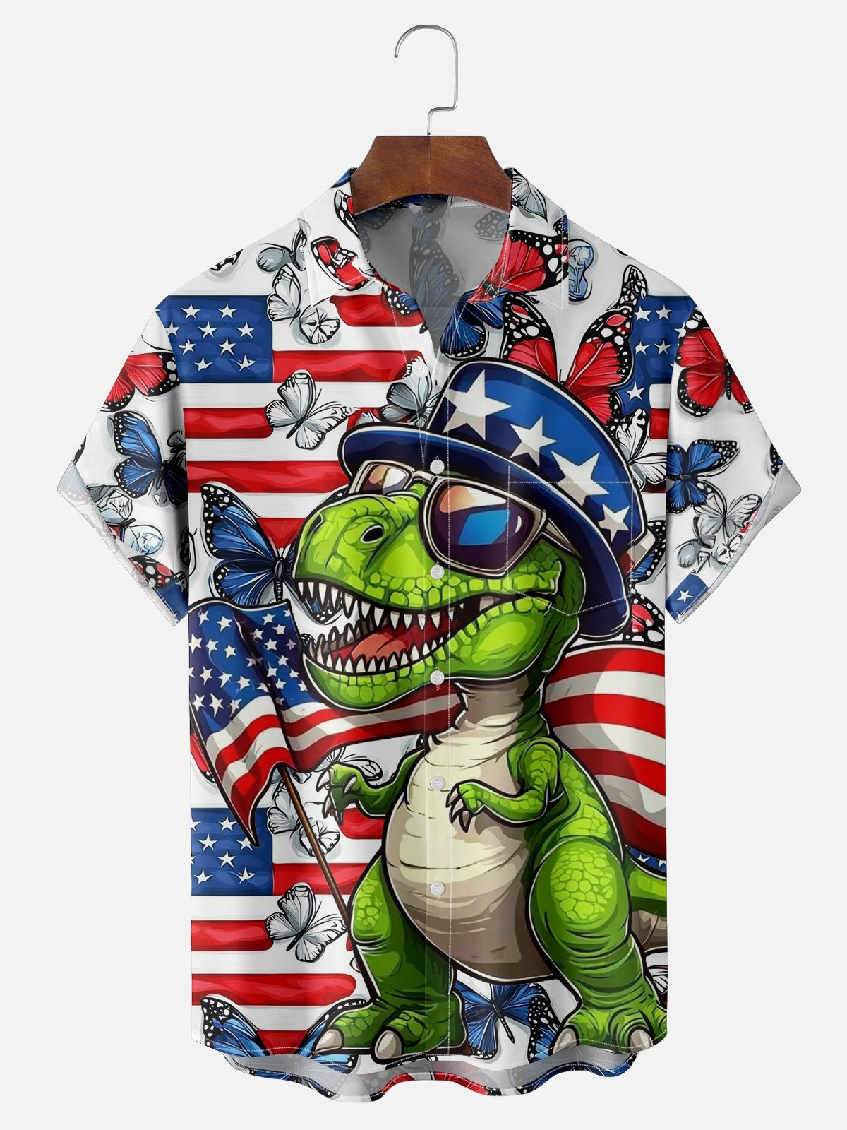 American Flag Dinosaur Chest Pocket Casual Shirt-1