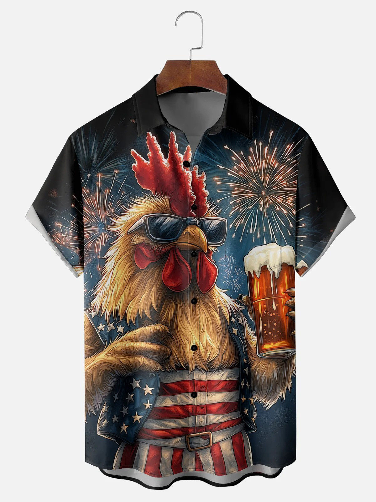 American Flag Rooster Beer Chest Pocket Casual Shirt-1