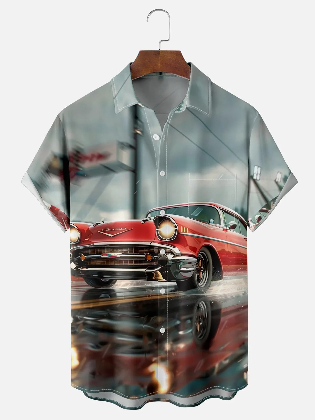 American Retro Car Art Chest Pocket Casual Shirt-1