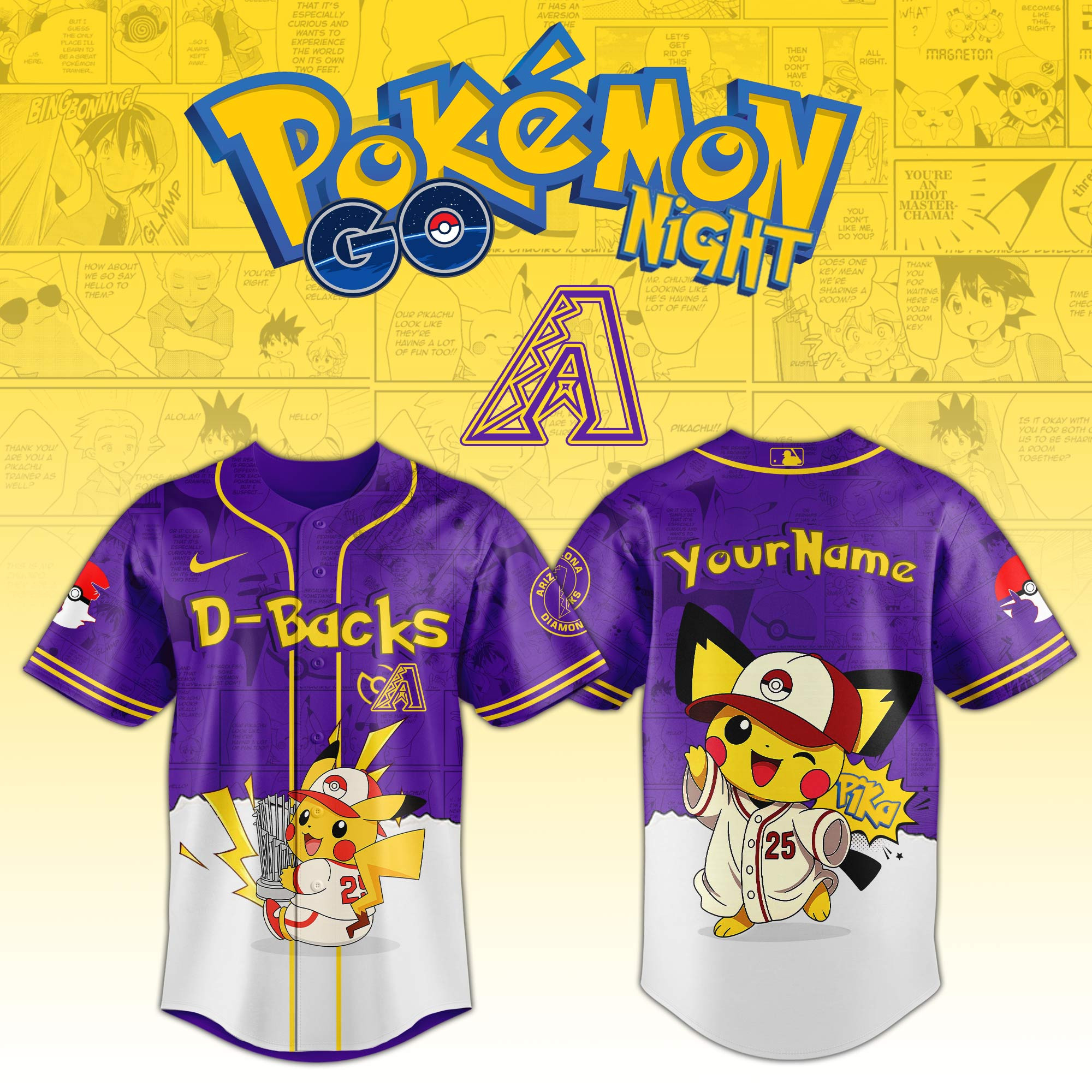 Arizona Diamondbacks Mlb X Pokemon Go Night Personalized Baseball Jersey For Fans-1