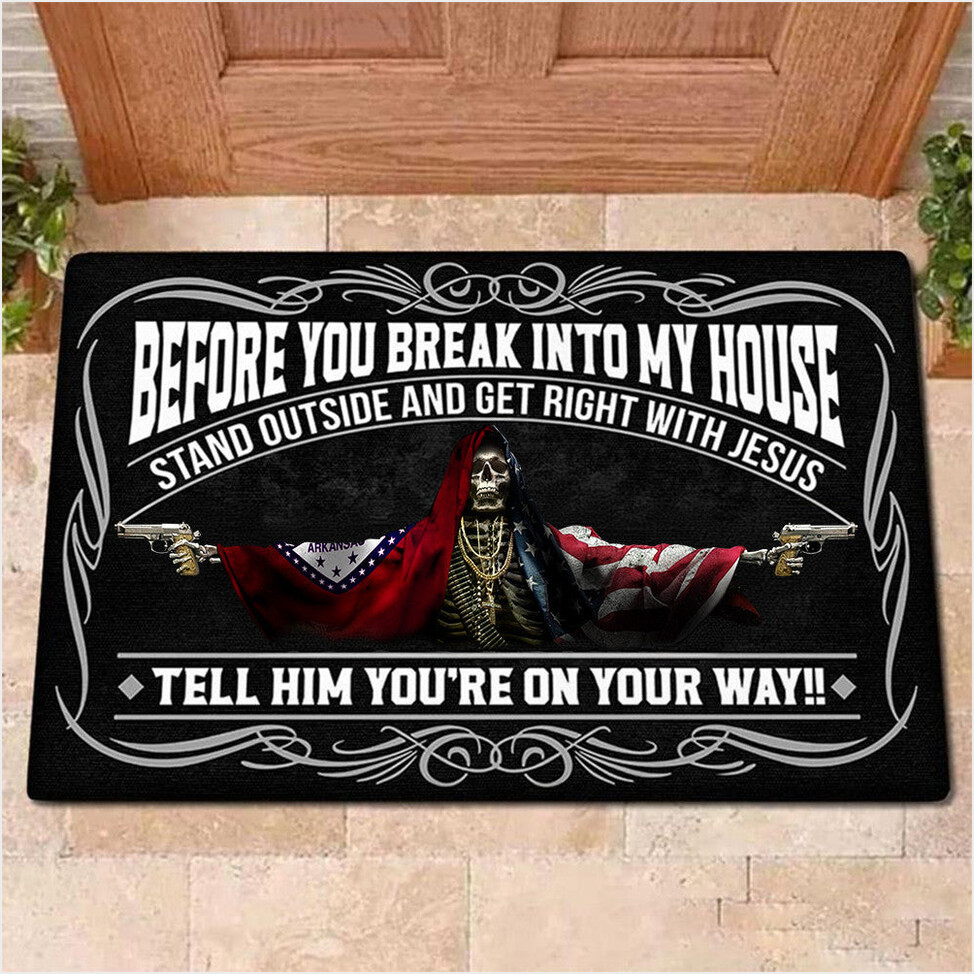 Arkansas Flag And American Flag Skull With Gun Doormat Before You Break Into My House Doormat-1