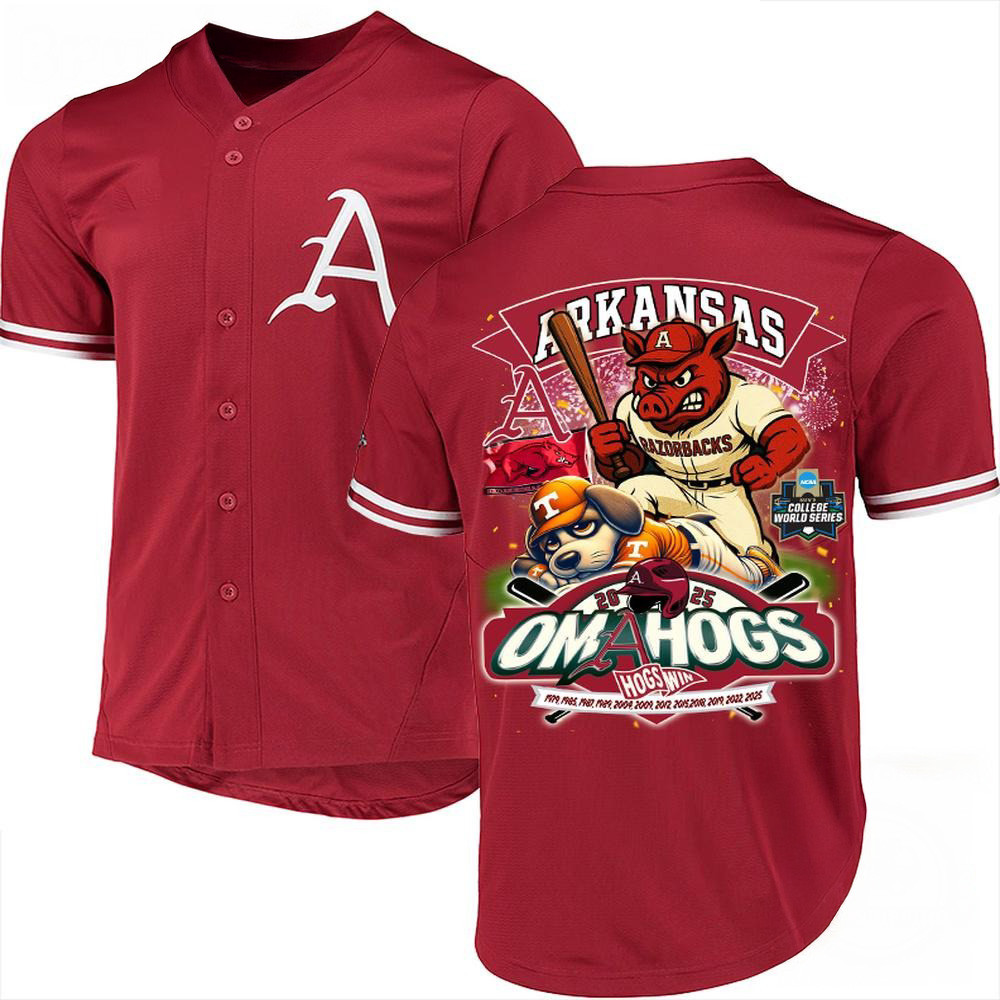 Arkansas Razorback 2025 NCAA College World Series Omahogs Win Baseball Jersey NCAA Merch-1
