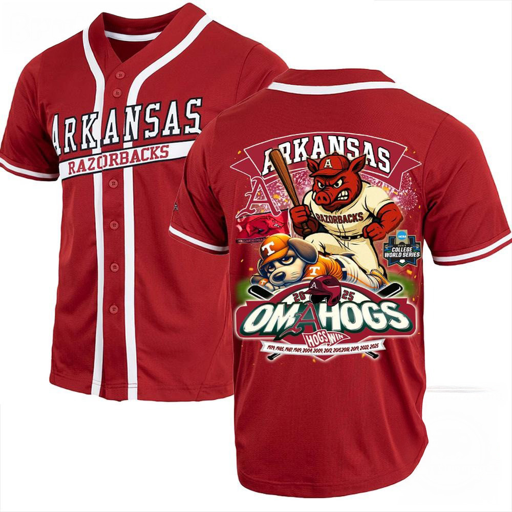 Arkansas Razorback 2025 NCAA College World Series Omahogs Win Jersey Gifts For Baseball Fans-1