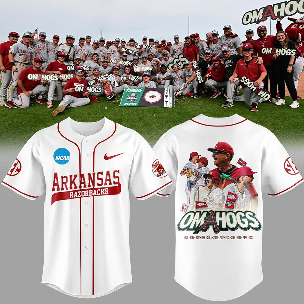 Arkansas Razorbacks Omahogs Champions White Baseball Jersey Arkansas Razorbacks Merch Fans Gift-1