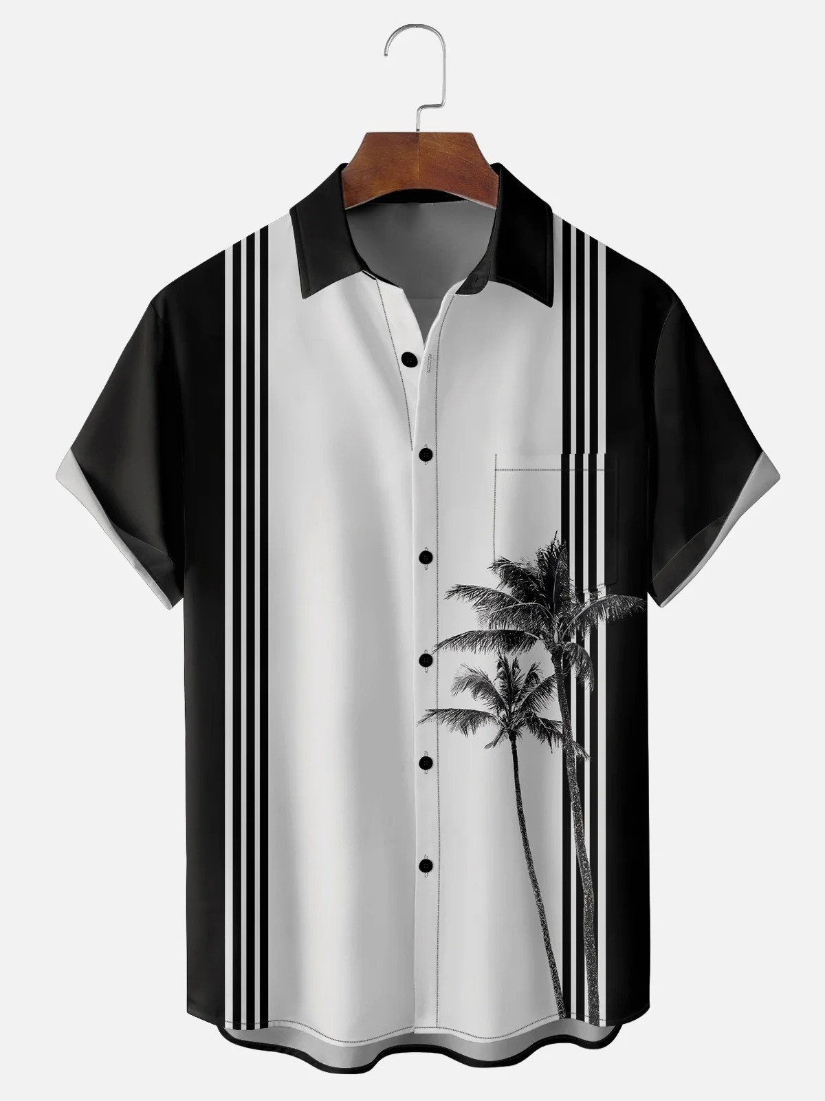 Art Coconut Tree Fun Chest Pocket Bowling Shirt-1