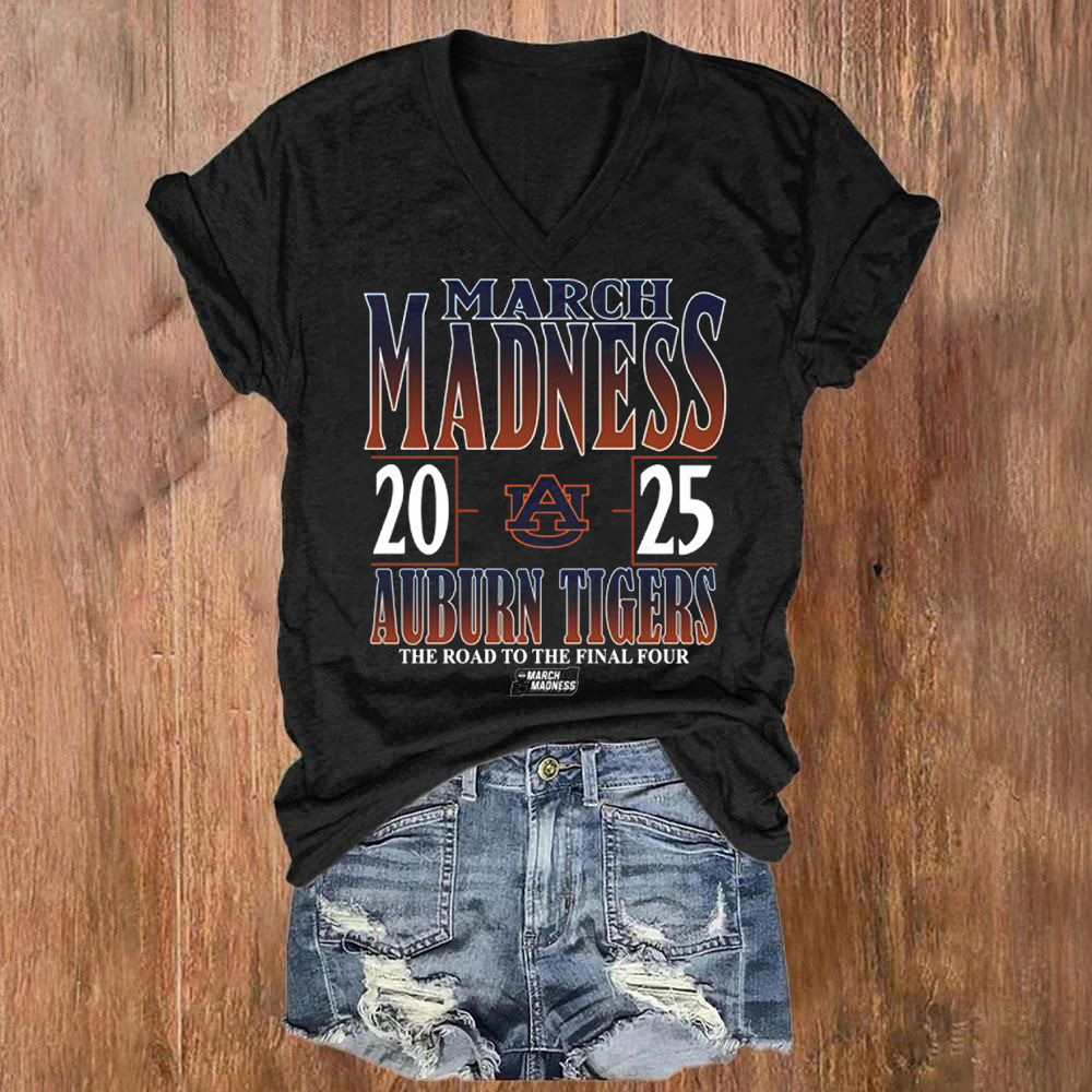 Auburn Tigers 2025 NCAA DI Men's Tournament March Madness The Road To The Final Four V-neck Shirt-1