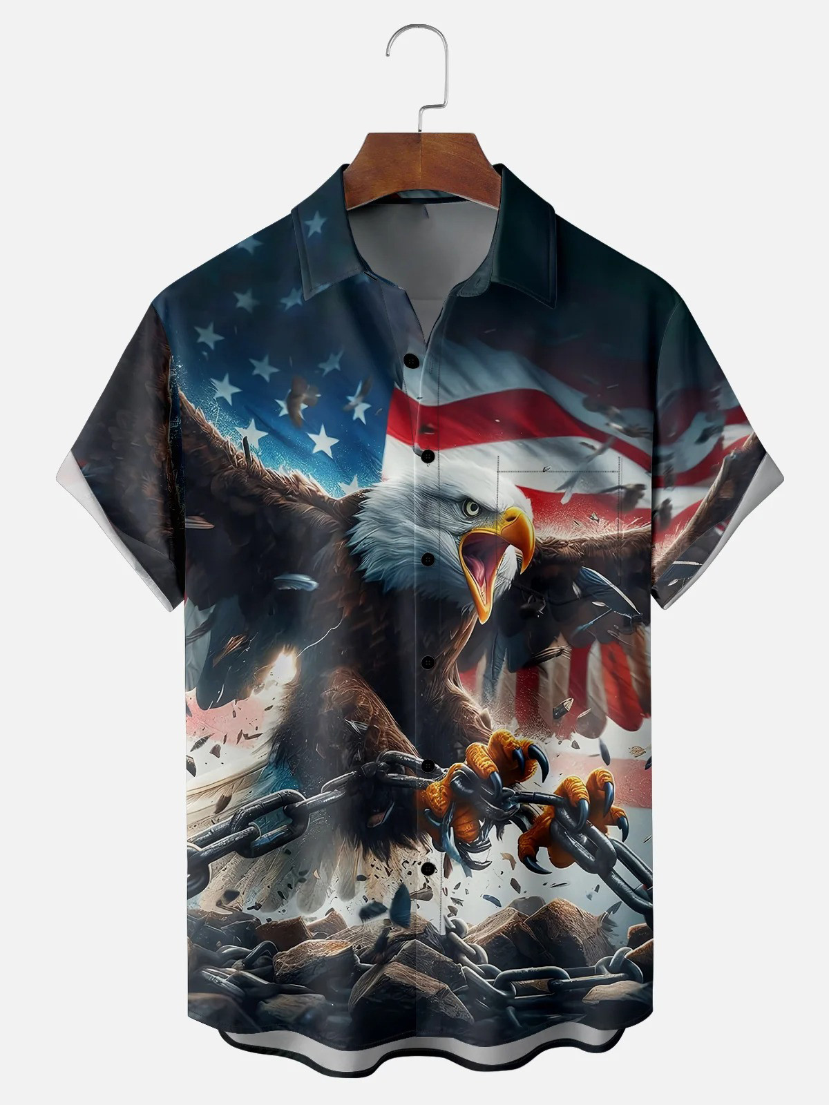 Avant-garde Bald Eagle Fantasy American Flag Chest Pocket Casual Shirt-1