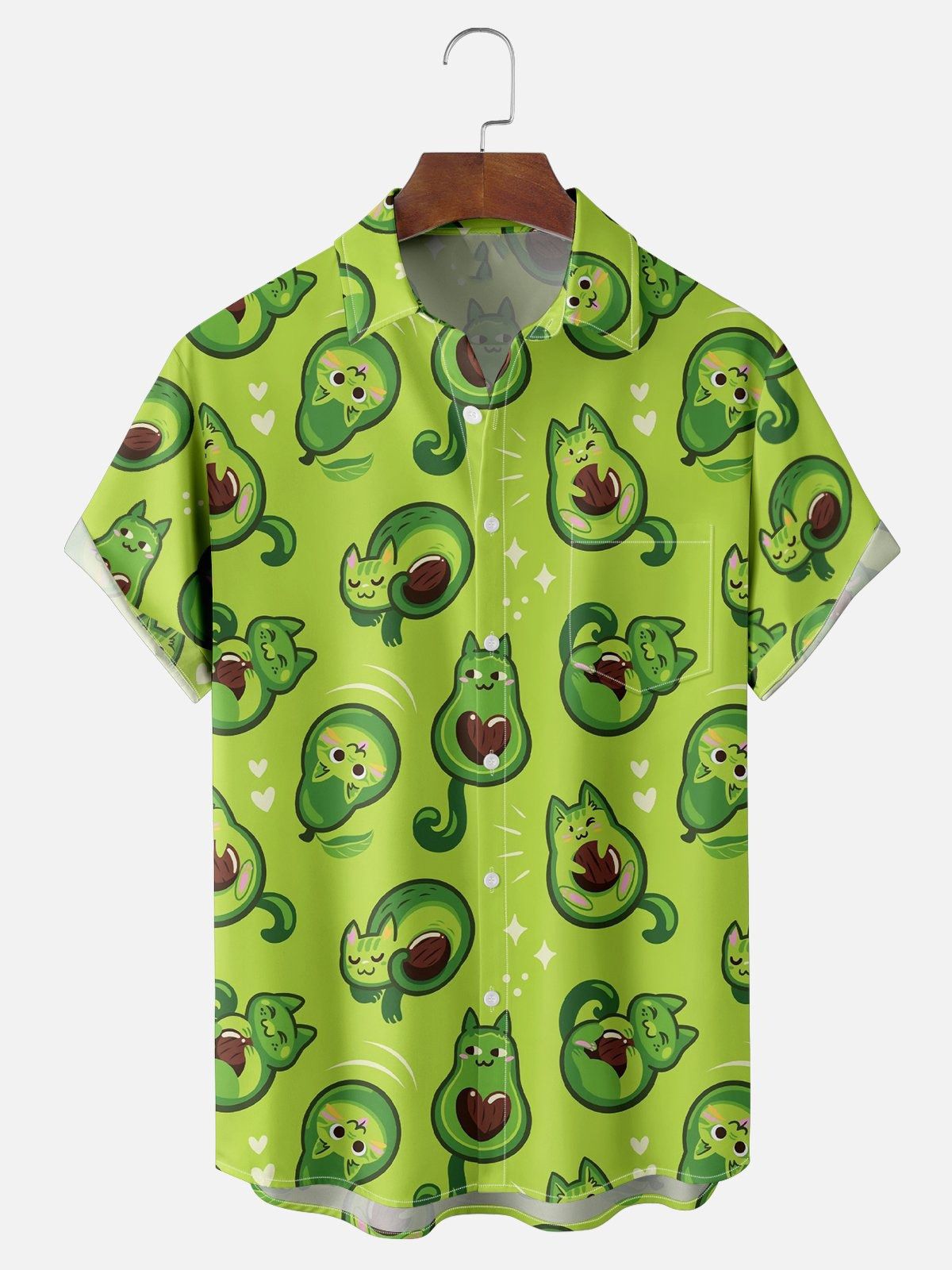 Avocado Cat Funny Chest Pocket Hawaiian Shirt-1