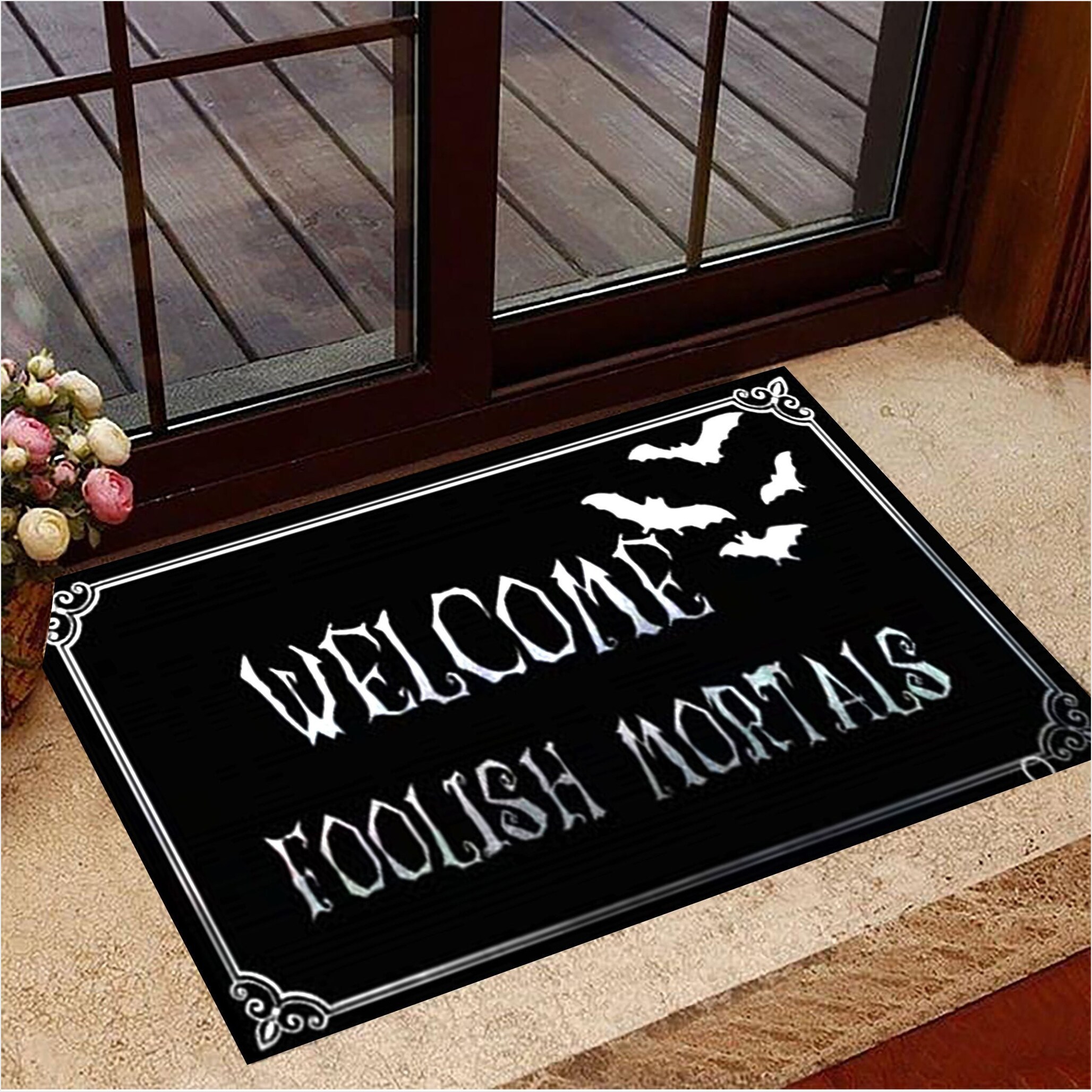 Bat Welcome Foolish Mortals Doormat Spooky Doormat Halloween Theme Decorations Gifts For BFF-1