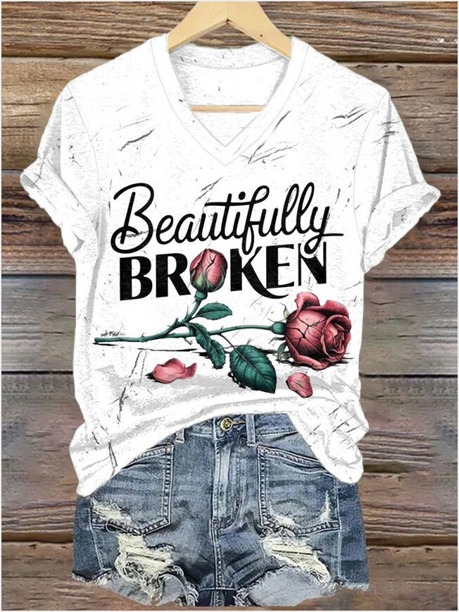 Beautifully Broken Rose V-neck Shirt Country Music Lover Jelly Roll Fans Gift Merch-1