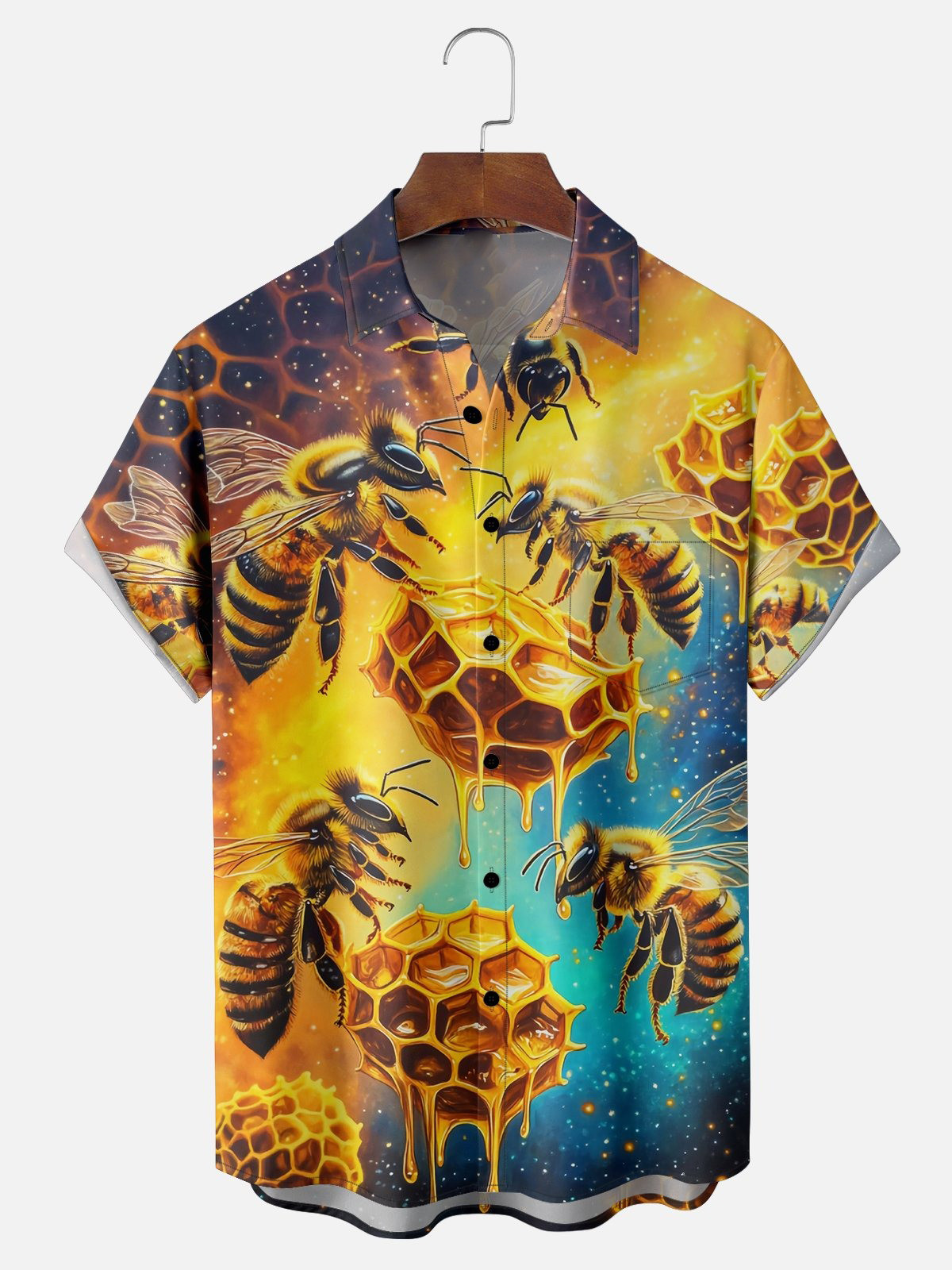 Bee Honey Honeycomb Gradient Color Chest Pocket Casual Shirt-1