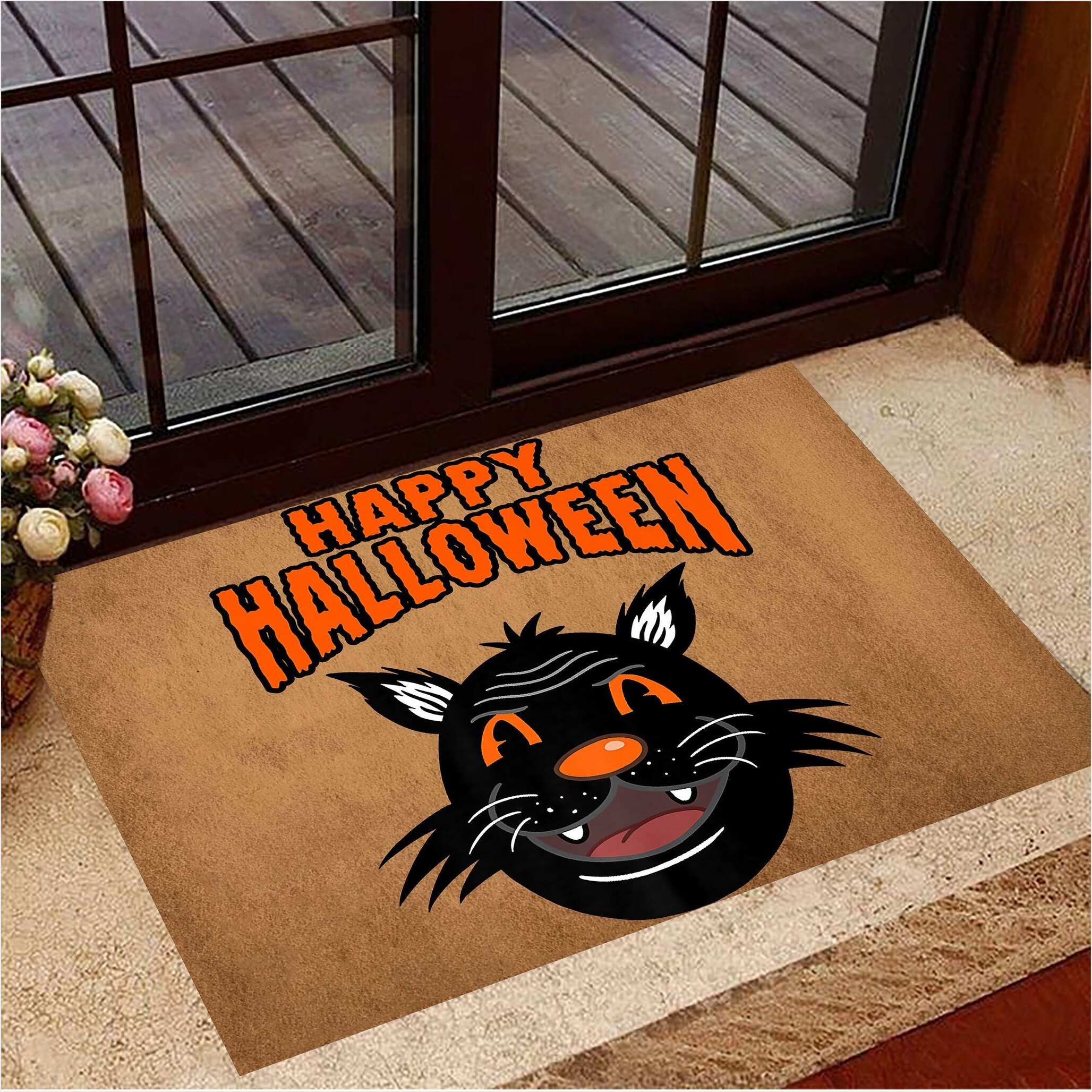 Big Cat Face Happy Halloween Doormat Funny Welcome Mats Black Cat Halloween Decor Gifts For BFF-1