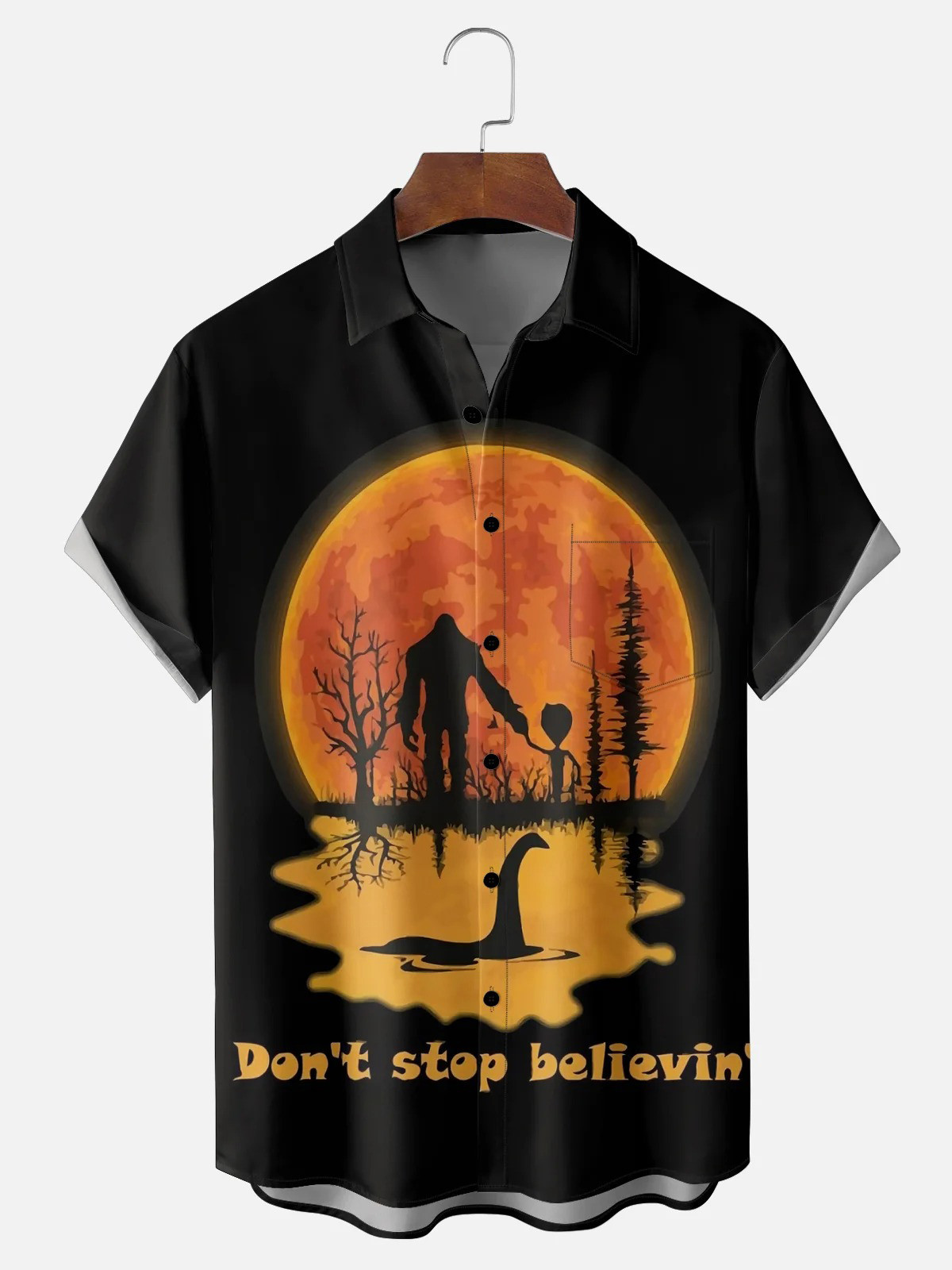 Bigfoot Alien UFO Water Monster Chest Pocket Casual Shirt-1