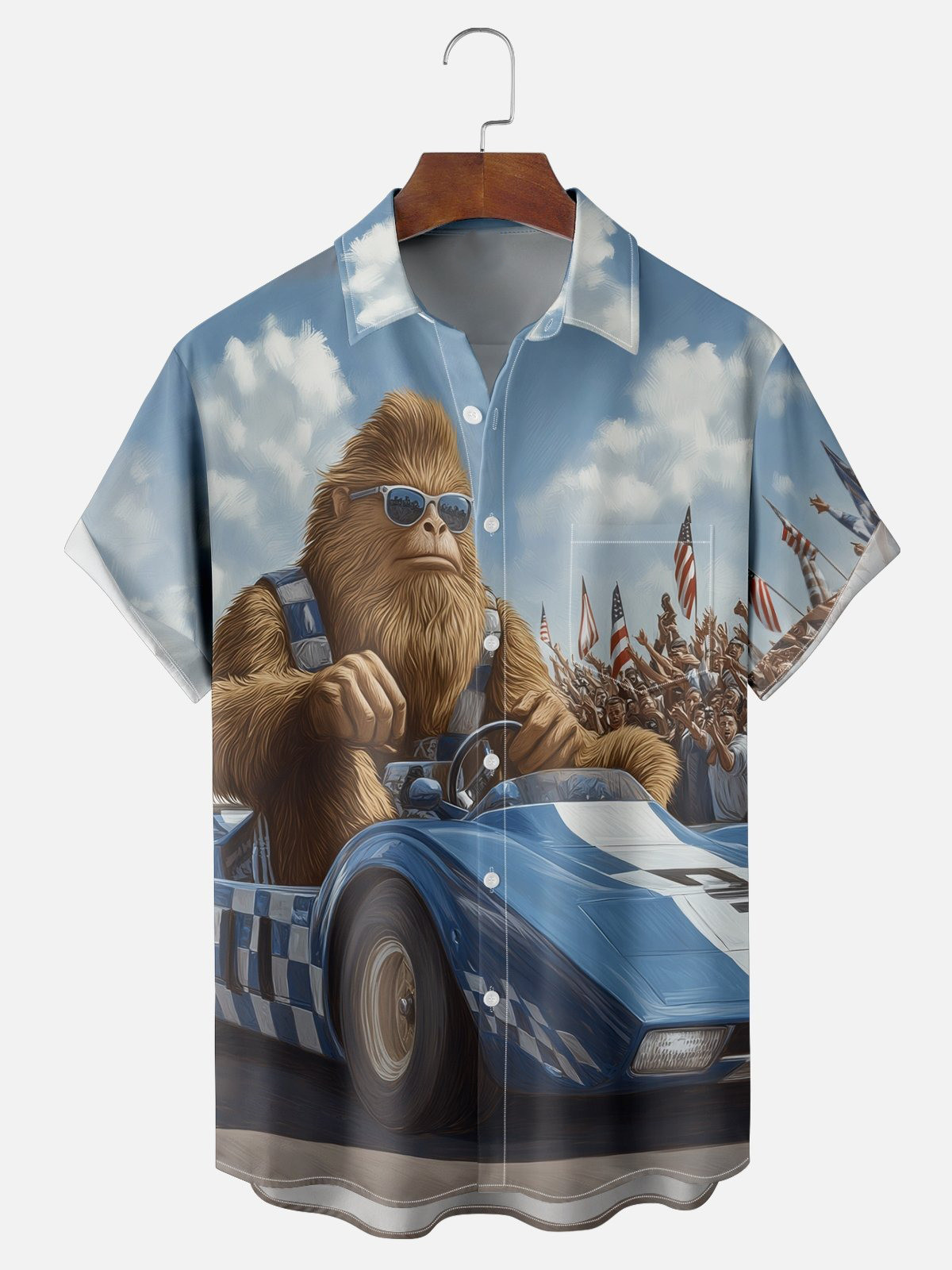 Bigfoot Driving Race Car Chest Pocket Hawaiian Shirt-1