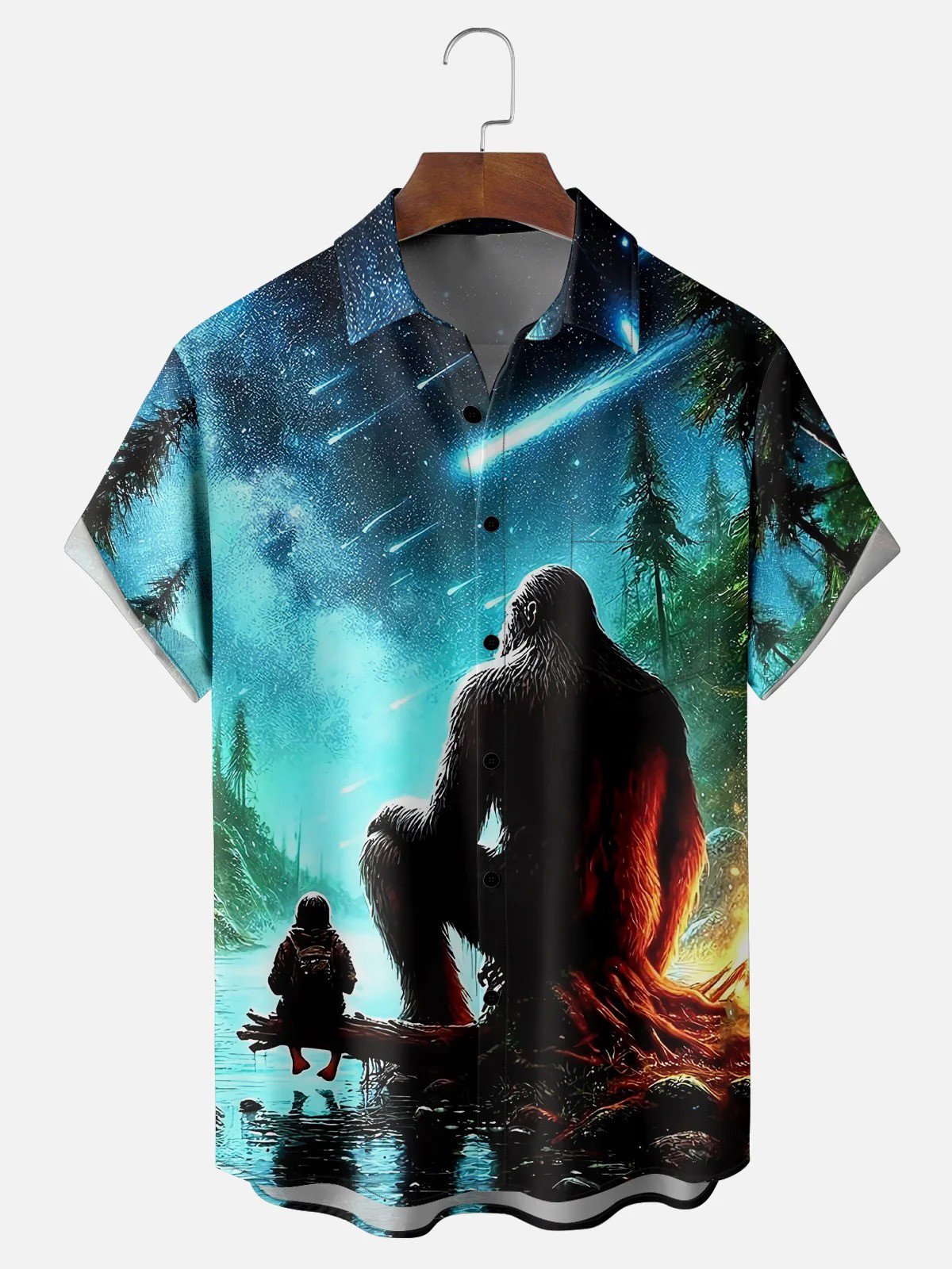 Bigfoot Starry Sky Meteor Art Chest Pocket Hawaiian Shirt-1