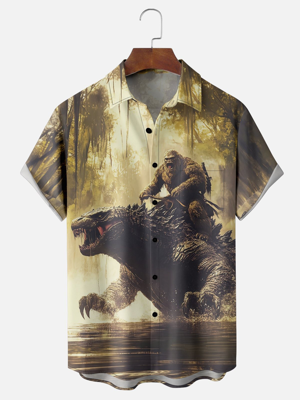 Bigfoot vs. Godzilla Chest Pocket Hawaiian Shirt-1