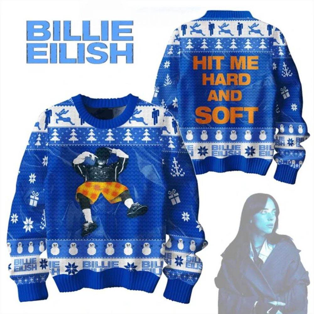 Billie Eilish Hit Me Hard And Soft With Love 2024 Christmas Ugly Sweater Gifts For Fans-1