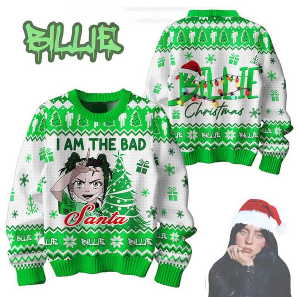 Billie Eilish I Am A Bad Santa Christmas Ugly Sweater Gifts For Music Fans-1