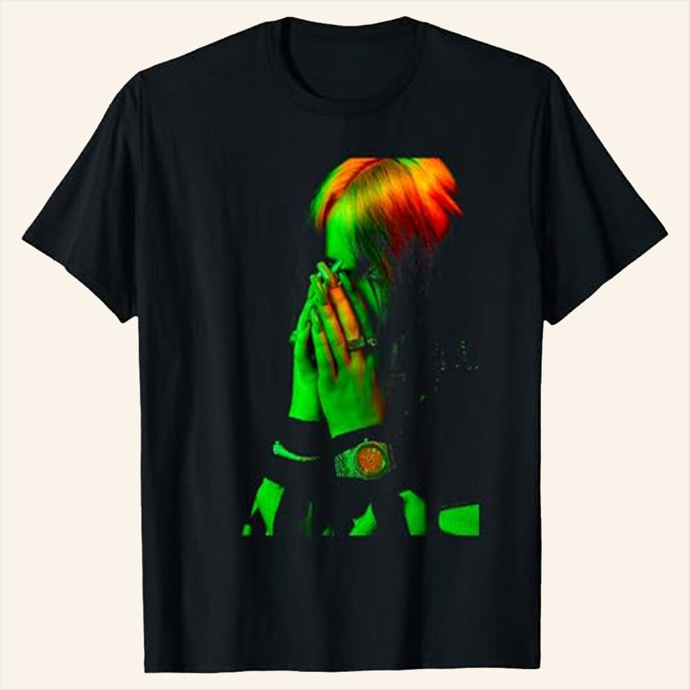 Billie Eilish Merch Hand Face Photo Black T-Shirt Gifts For Music Fans Gifts For Friends-1