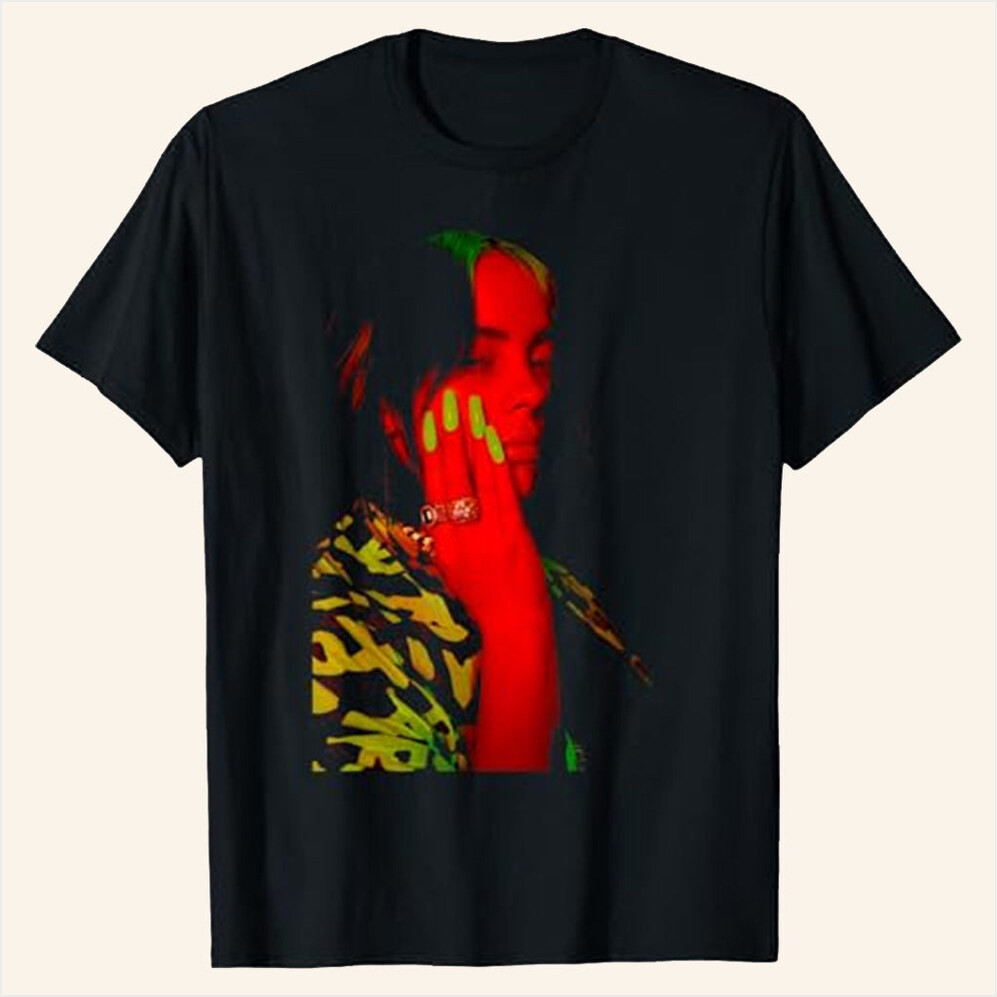 Billie Eilish Merch Red Photo Neon Black T-Shirt Gifts For Best Friends Birthday Gifts For Her-1
