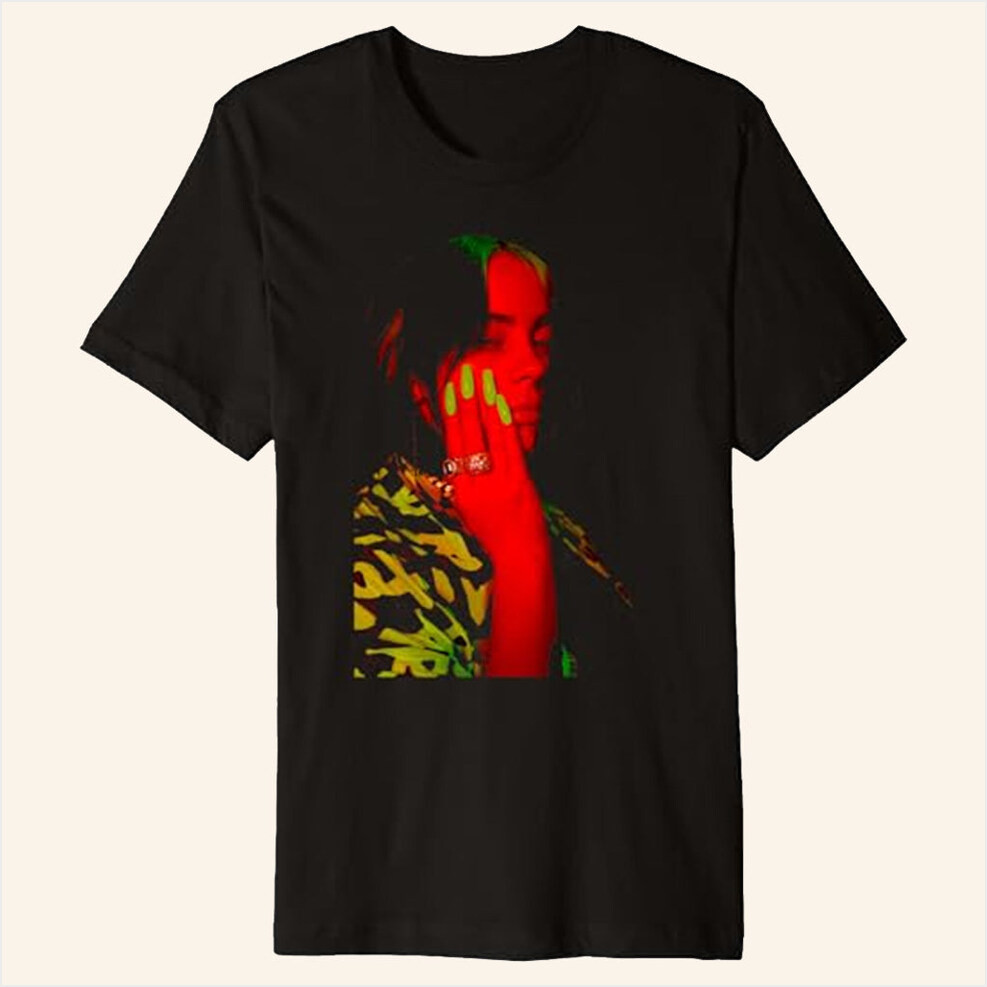 Billie Eilish Merch Red Photo Neon Black T-Shirt Gifts For Music Lovers Gifts For Friends-1