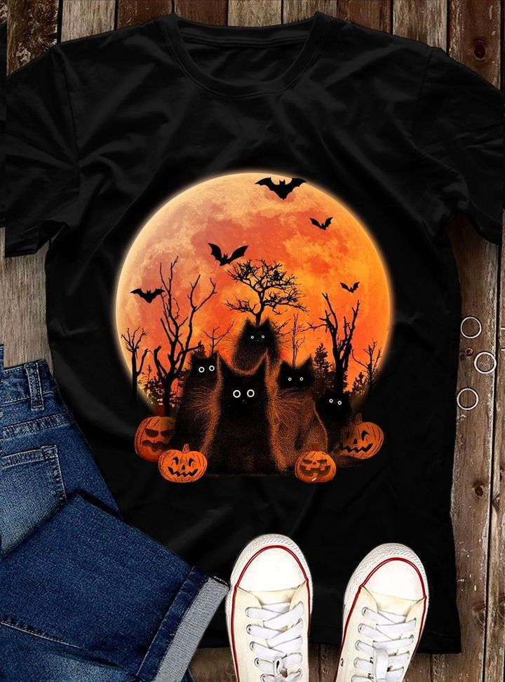 Black Cat Halloween Shirt Red Full Mom Pumpkin Halloween Gifts For Black Cat Lovers-1