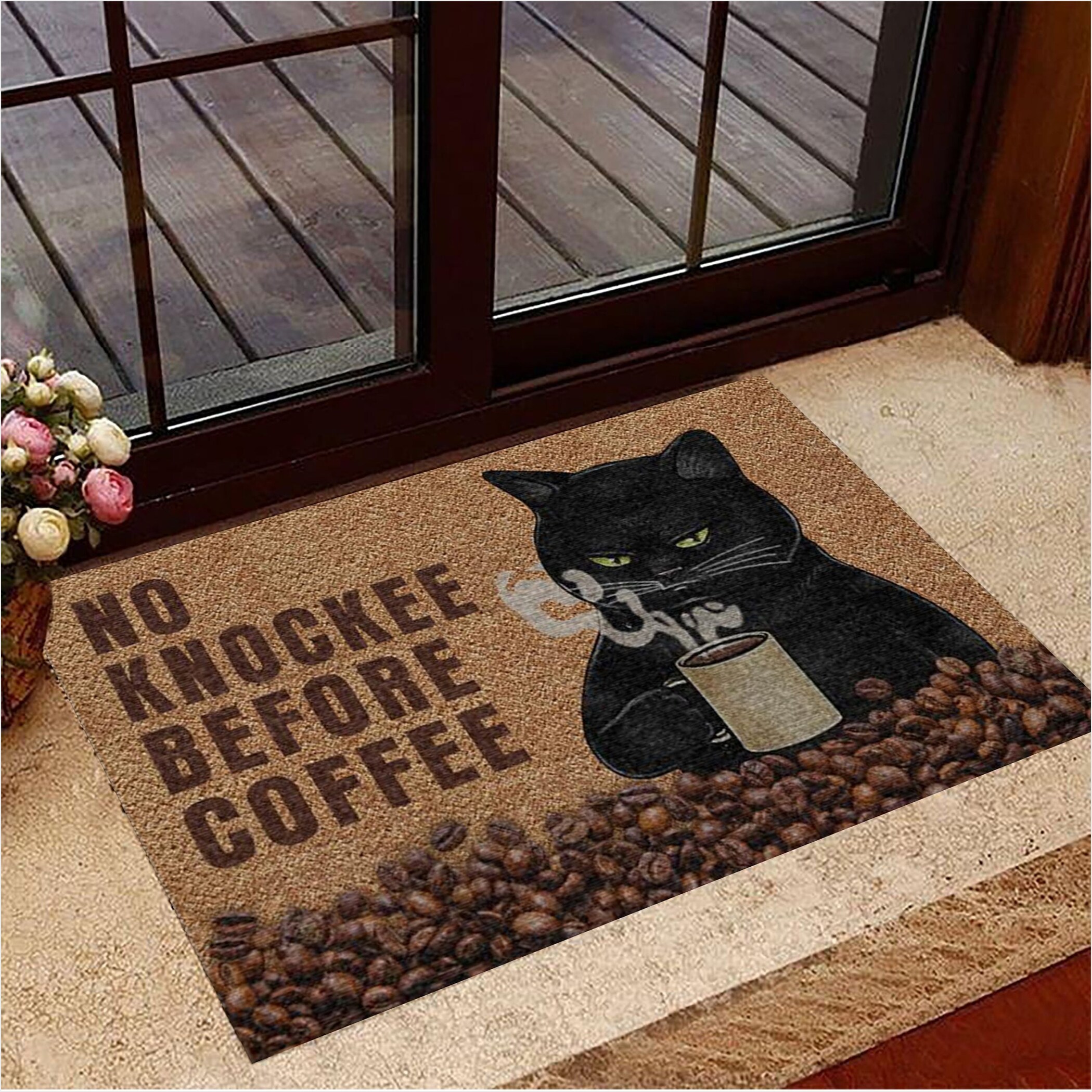 Black Cat No Knockee Before Coffee Doormat Cool Welcome Mats Best Gifts For Coffee Lovers-1