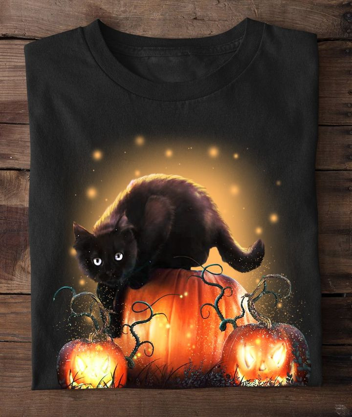 Black Cat Scary Pumpkin Halloween Shirt Themed Gifts For Black Cat Lovers-1