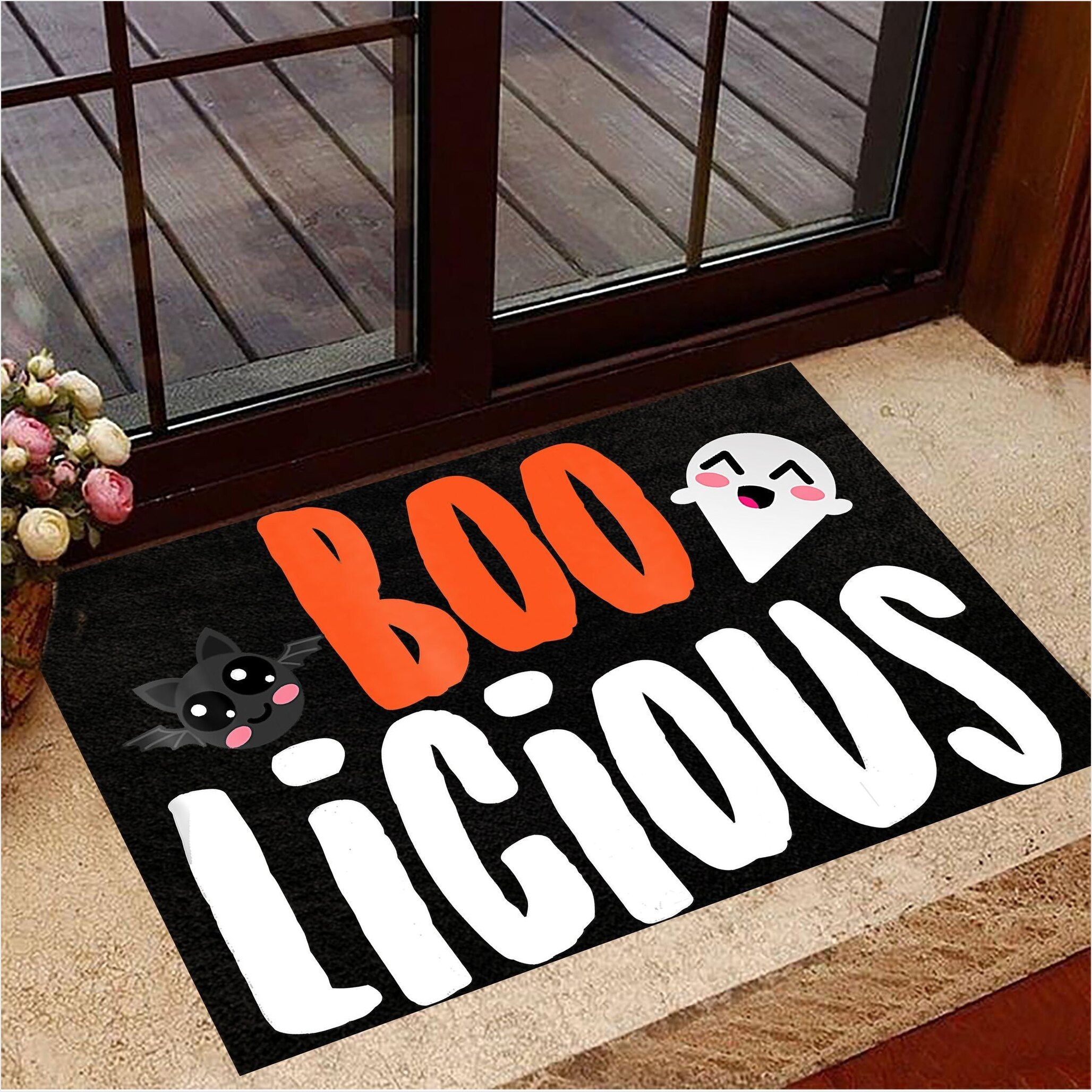 Boo Licious Ghost and Black Cat Doormat Halloween Welcome Mat Gift Ideas For Cat Lovers-1