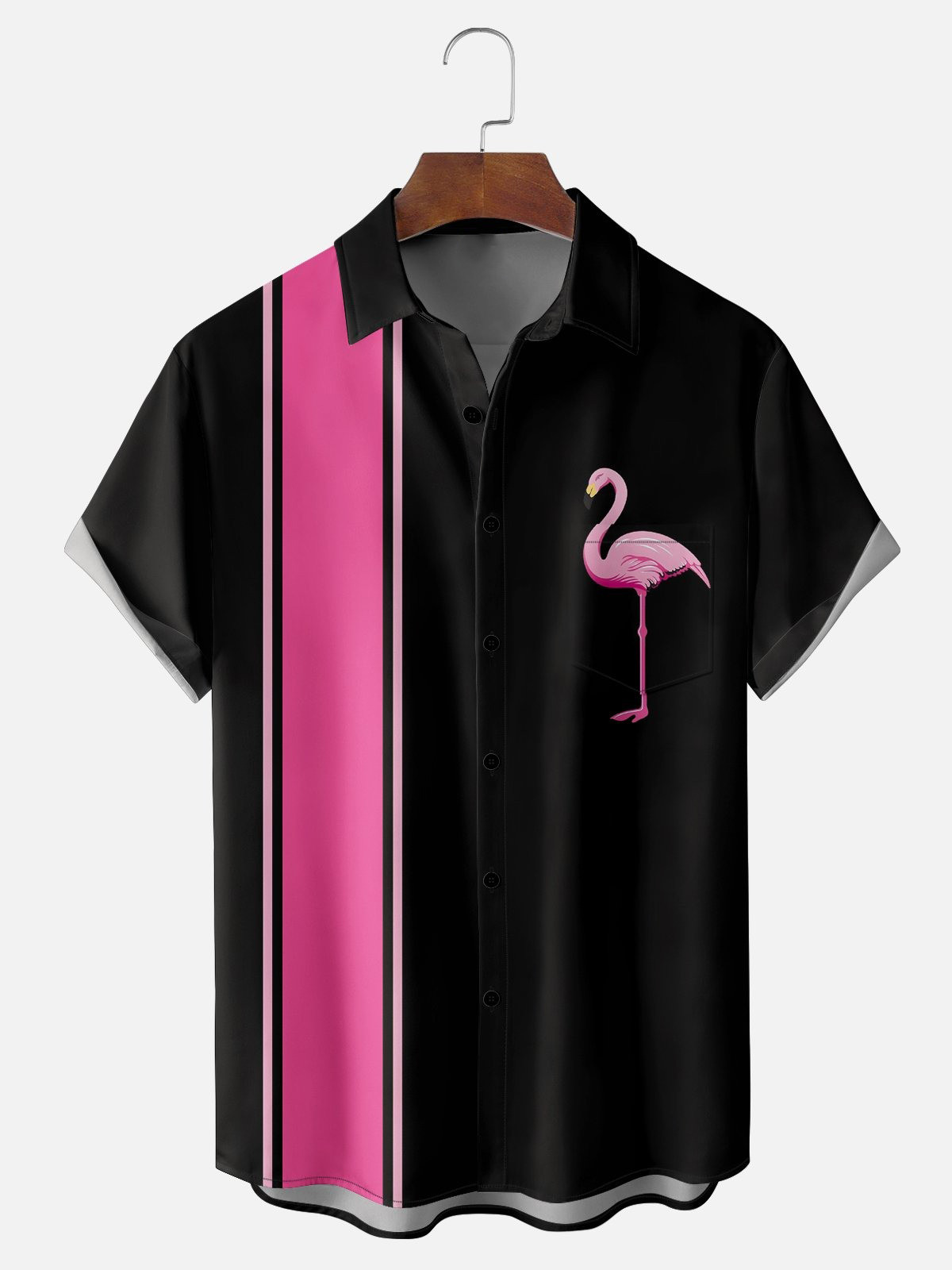 Breathable Flamingo Chest Pocket Bowling Shirt-1