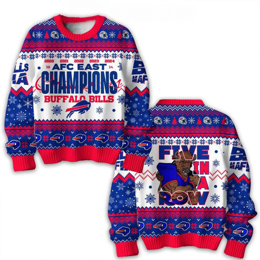 Buffalo Bills Five In A Row AFC East Champions 2024 Christmas Ugly Sweater Gifts For Fans-1