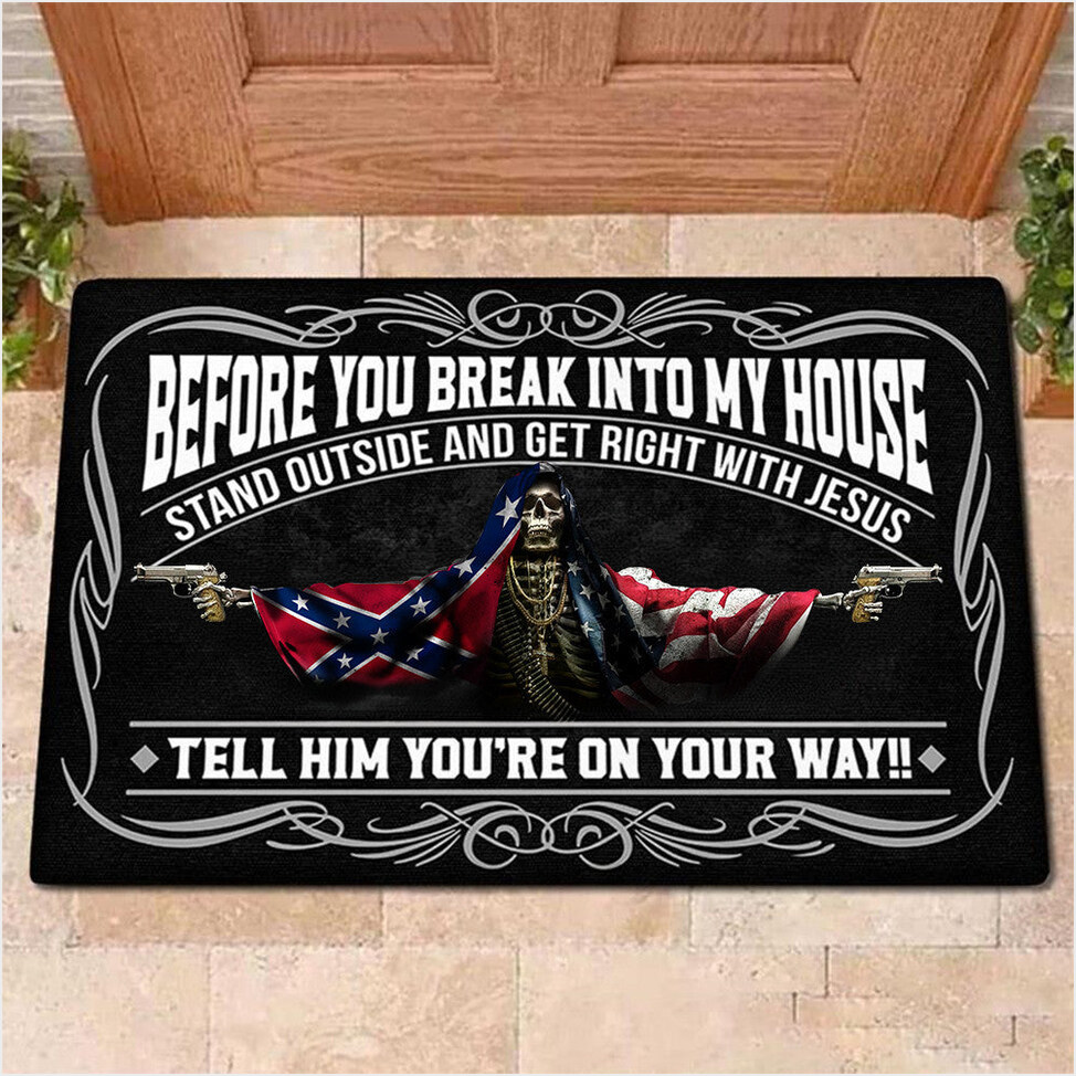CD Flag And American Flag Skull With Gun Doormat Before You Break Into My House Doormat Patriot-1