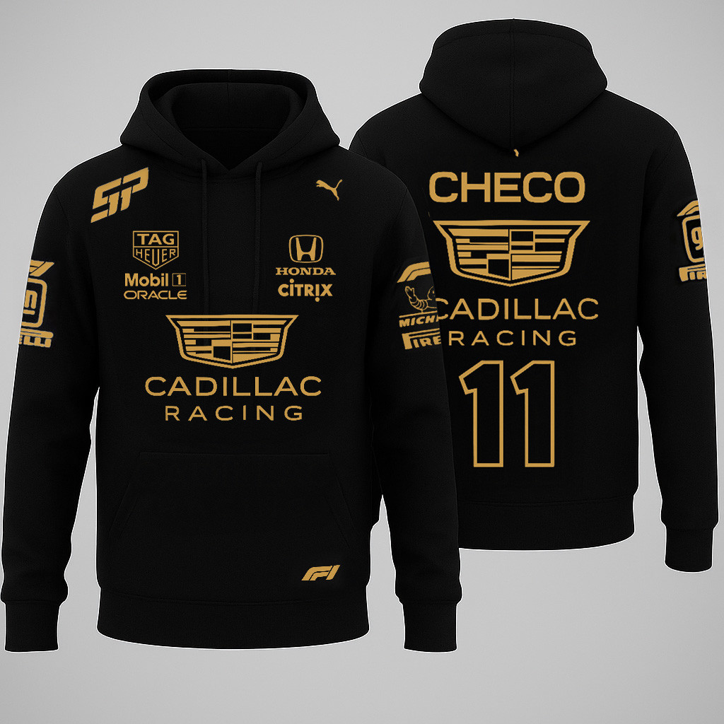 Cadillac Sergio Checo Perez Merch Gold 11 Cadillac Racing Hoodie Gifts For Racing Lovers-1