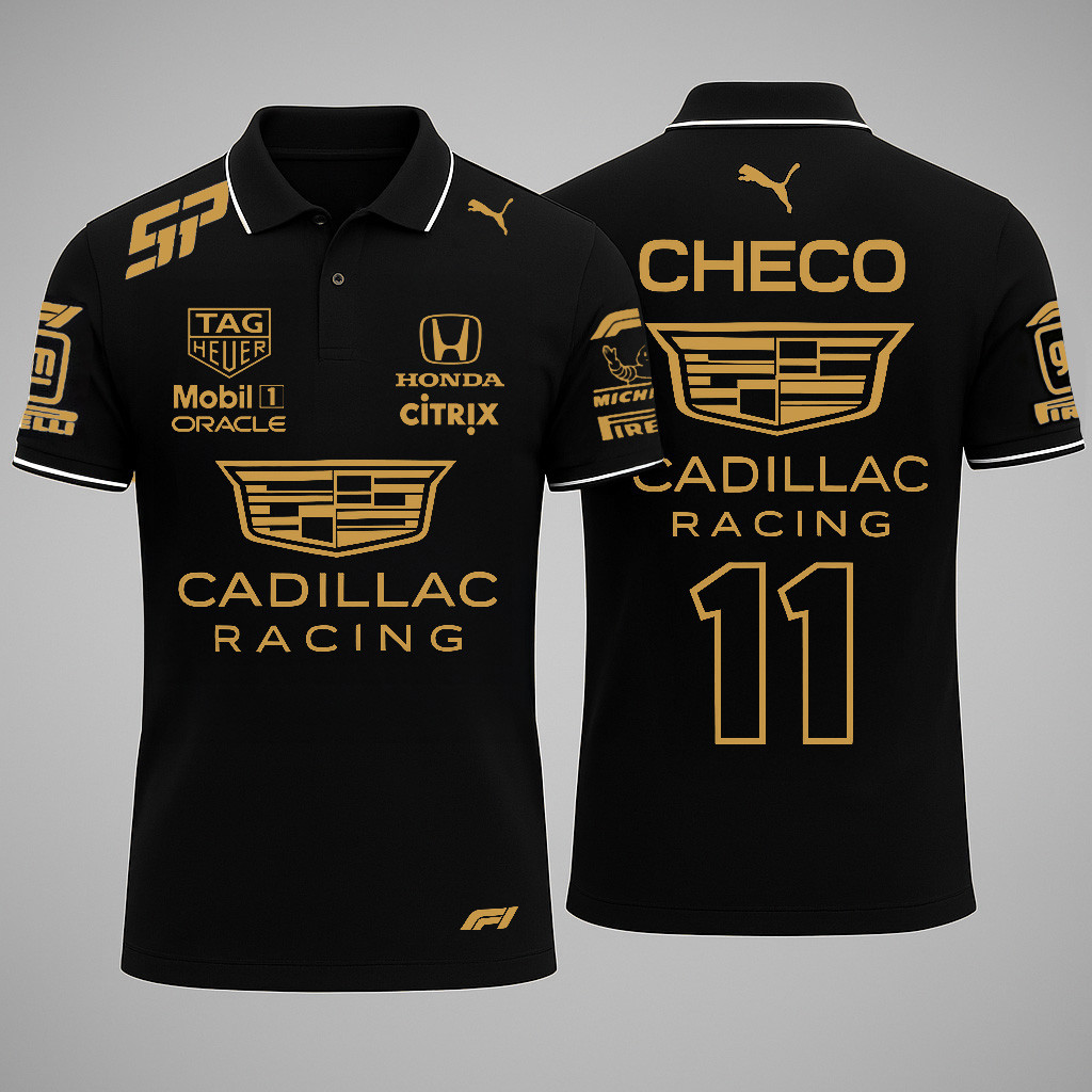 Cadillac Sergio Checo Perez Merch Gold Checo 11 Cadillac Racing Polo Shirt Gifts For Fans-1