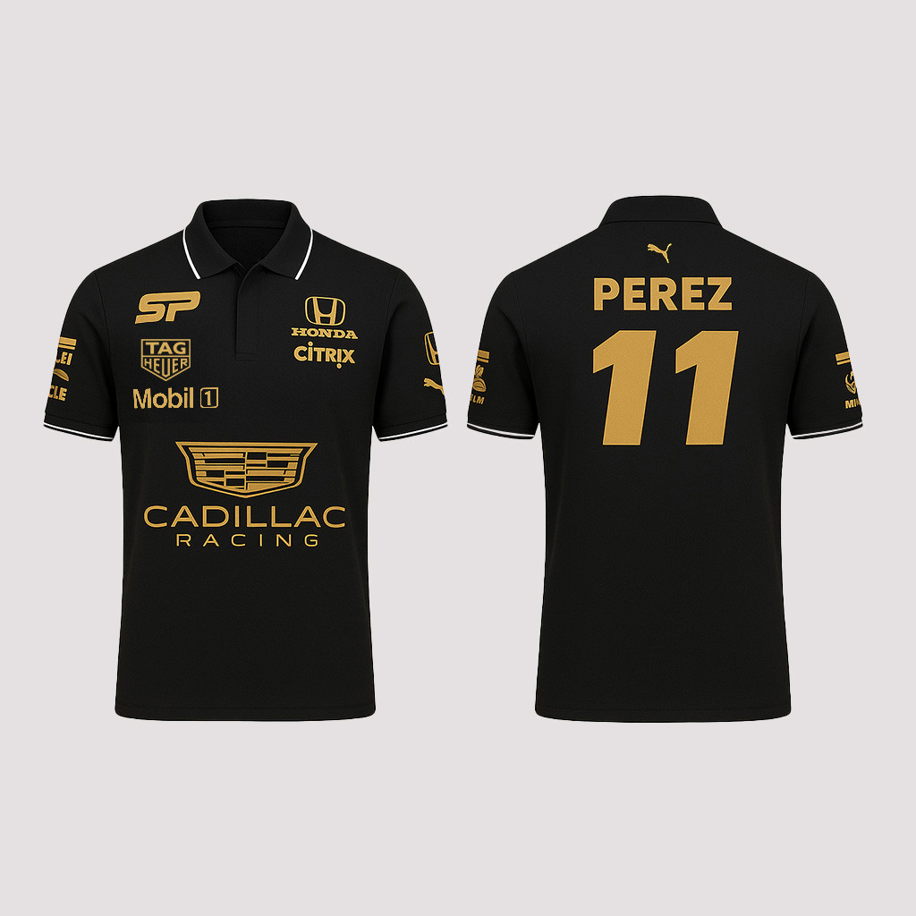 Cadillac Sergio Checo Perez Merch Gold Perez 11 Cadillac Racing Polo Shirt Gifts For Father-1