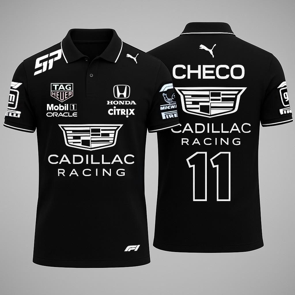 Cadillac Sergio Checo Perez Merch Silver Polo Shirt Gifts For Racing Lovers For Dad-1