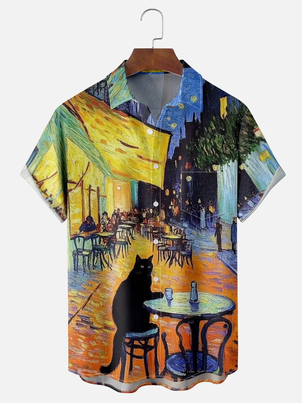 Cafe Terrace at Night Black Cat Chest Pocket Casual Shirt-1