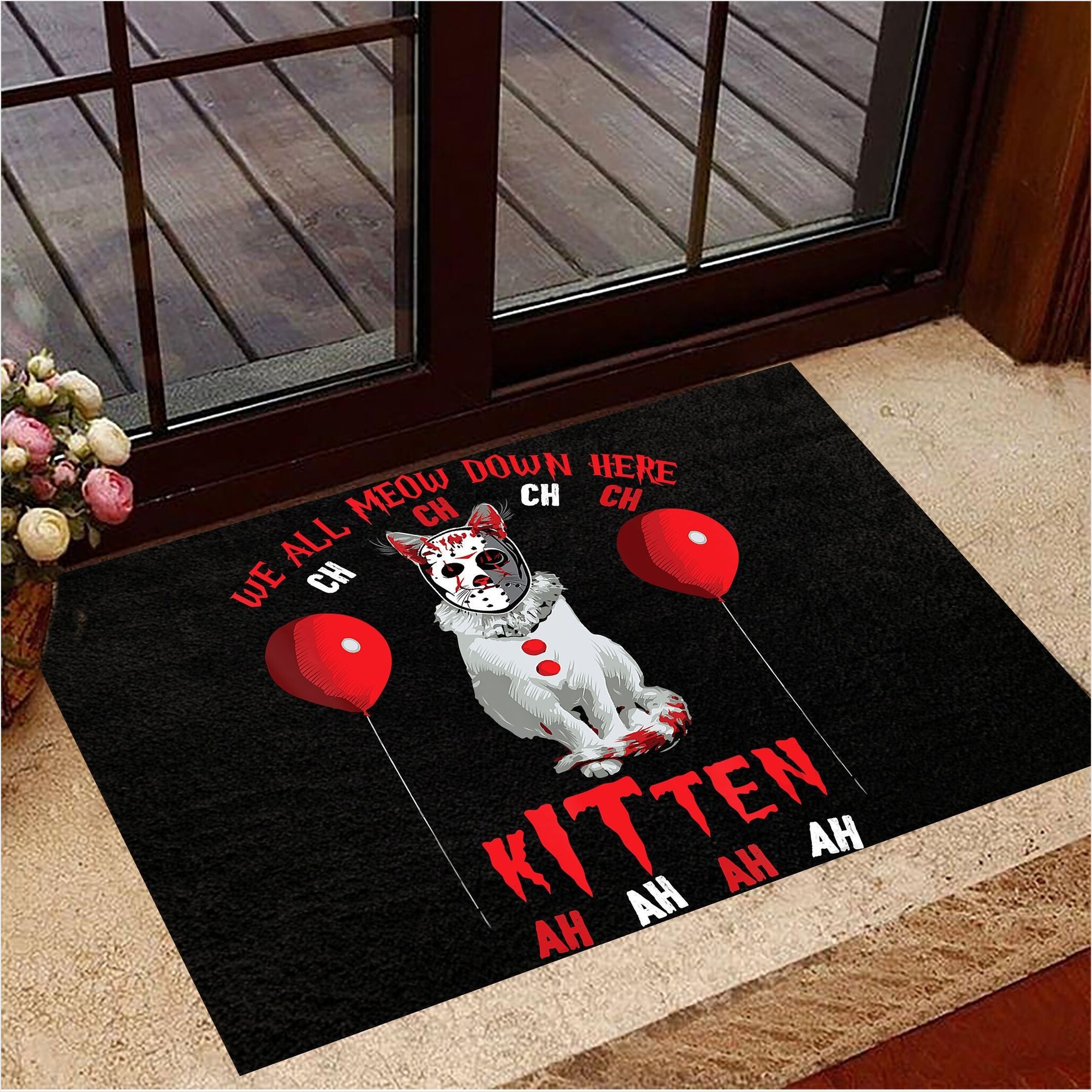 Cat Clown We All Meow Down Here Kitten Doormat Horror Doormat Halloween Home Decor-1
