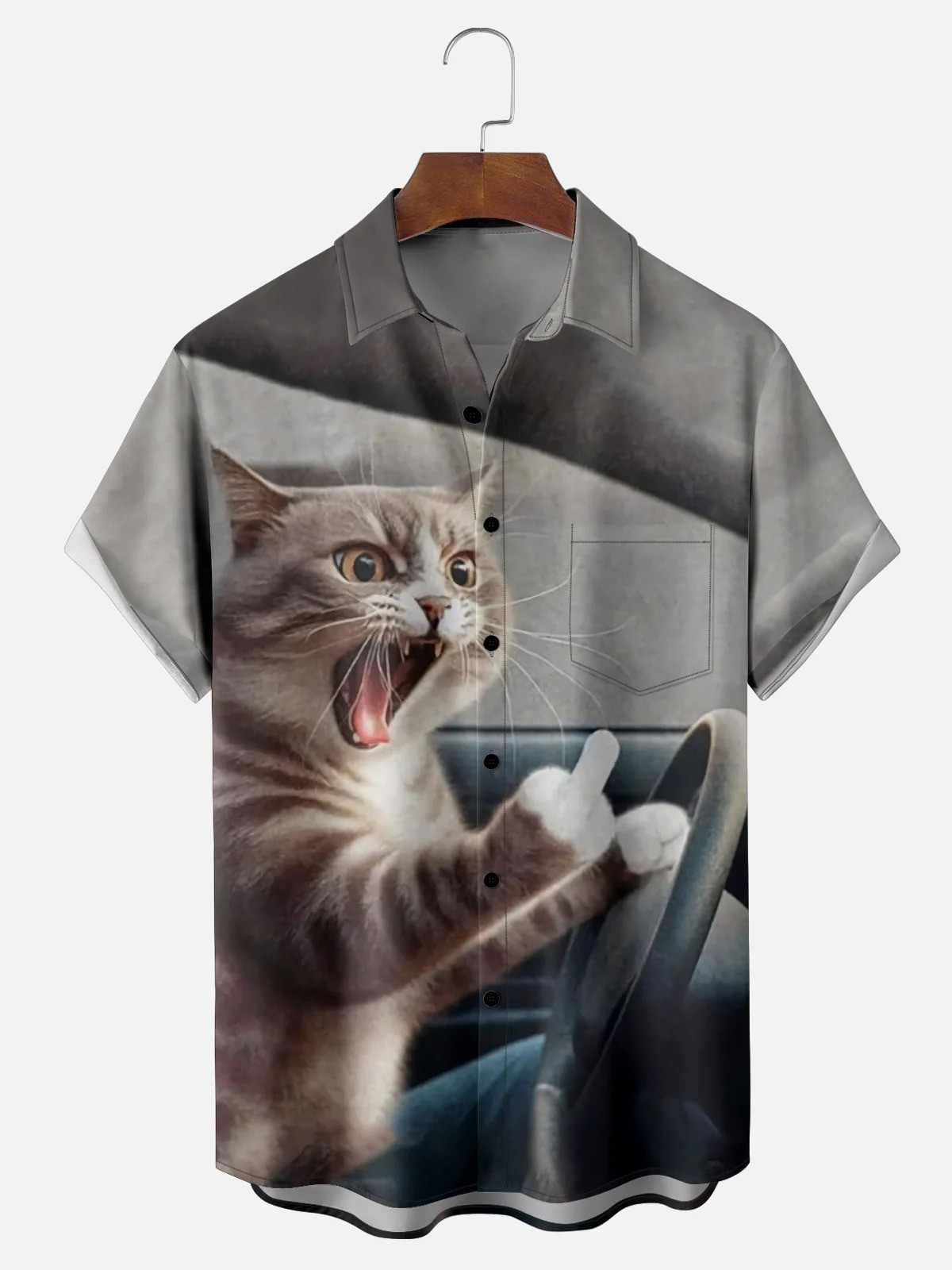 Cat Driver Chest Pocket Casual Shirt-1