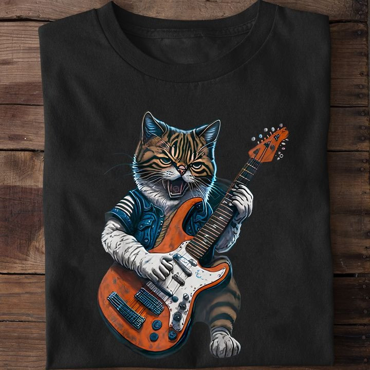 Cat Playing Guitar Shirt Cute Cat Themed Electric Guitar Gifts For Him-1