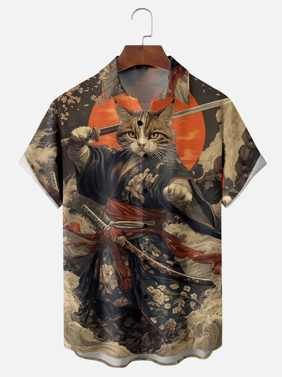 Cat Samurai Sakura Wave Chest Pocket Casual Shirt-1