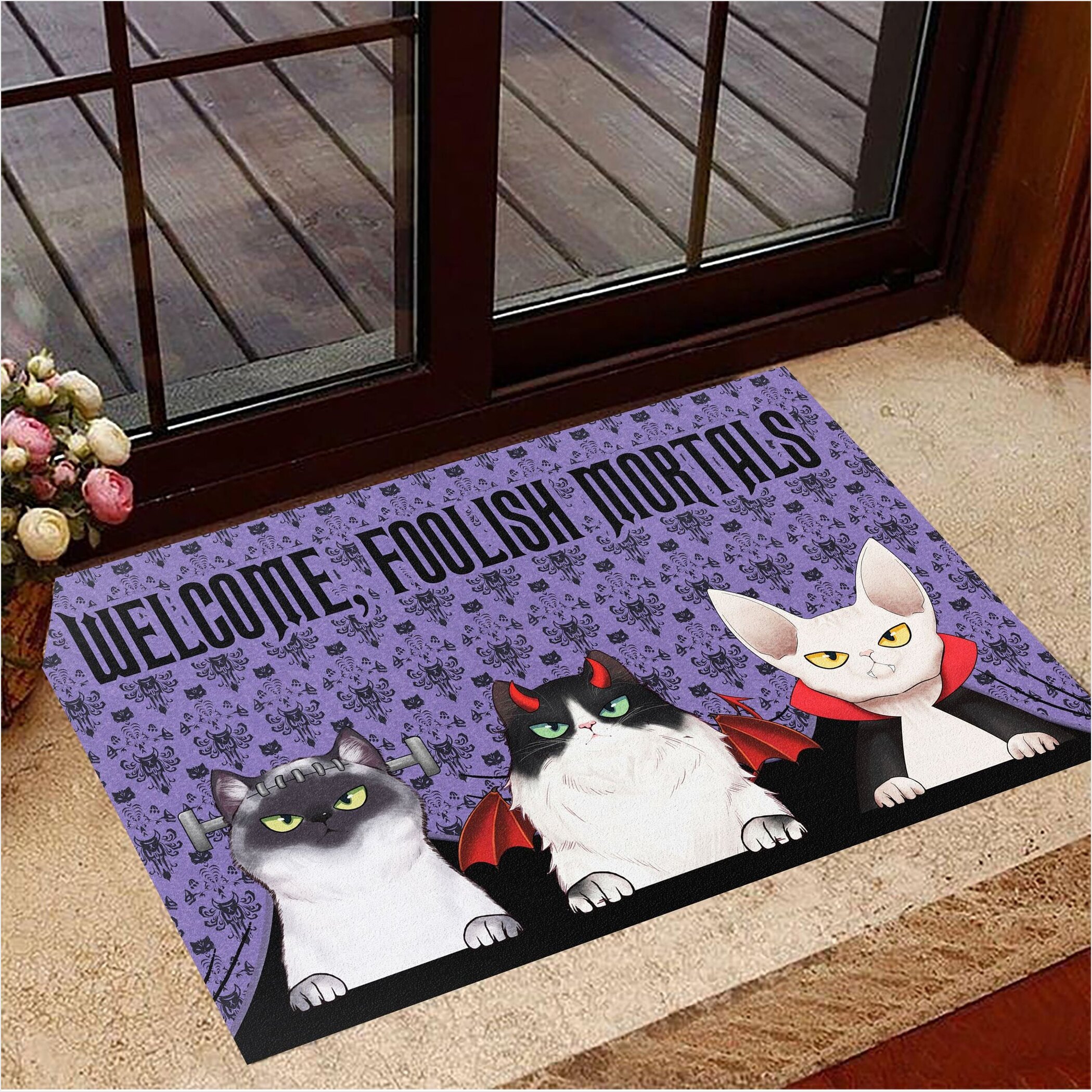 Cat Welcome Foolish Mortals Doormat Halloween Welcome Mat Cute Halloween Decorations-1