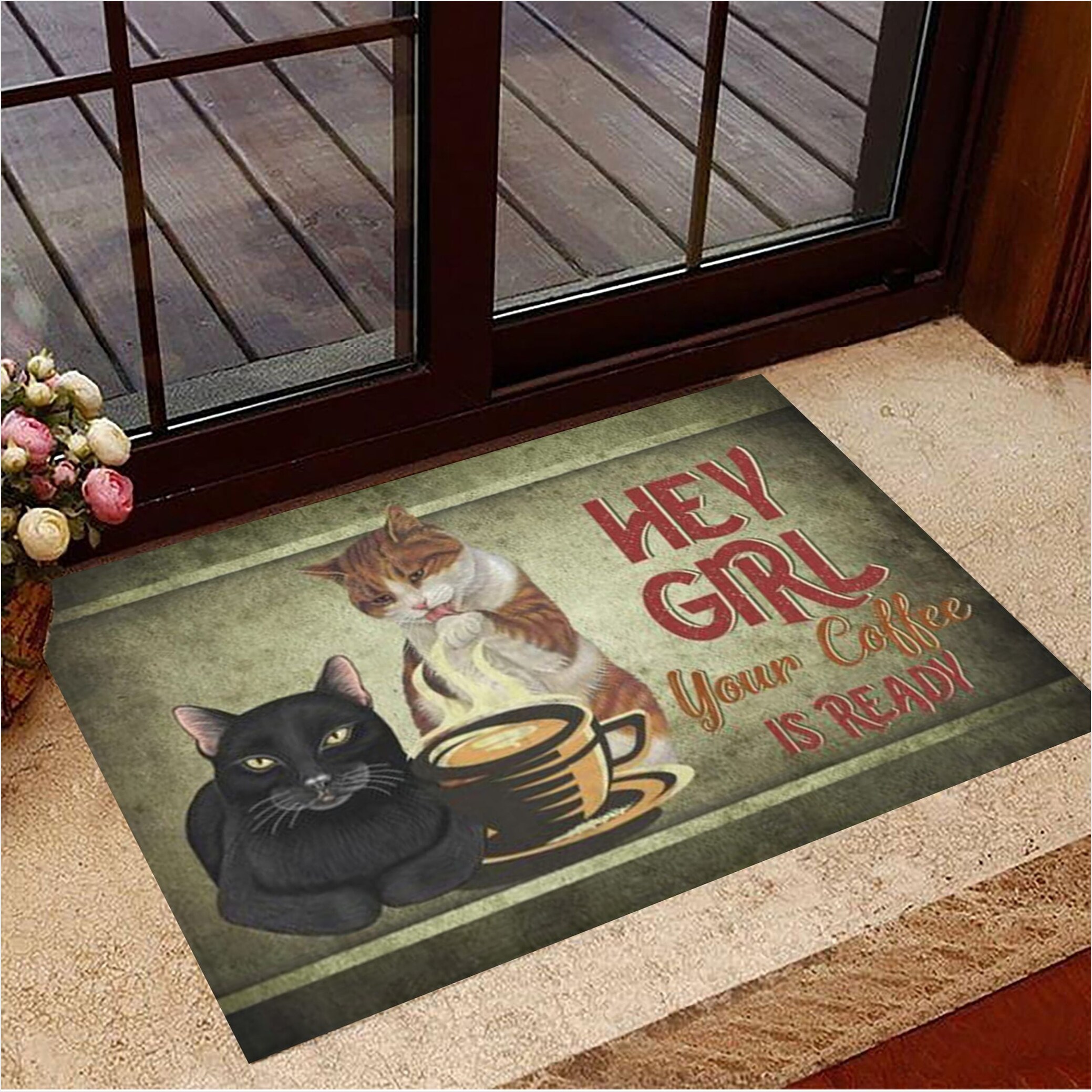 Cats Hey Girl Your Coffee Is Ready Doormat Funny Doormat Sayings Gifts For Coffee Drinkers-1