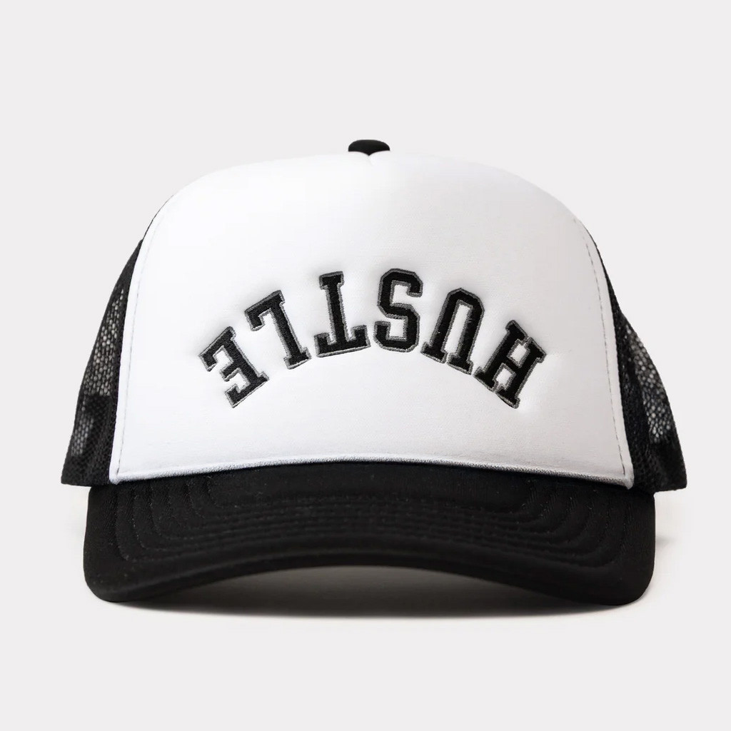 Charlie Hustle Merch White And Black Hustle Trucker Hat Gift Ideas For Husband-1