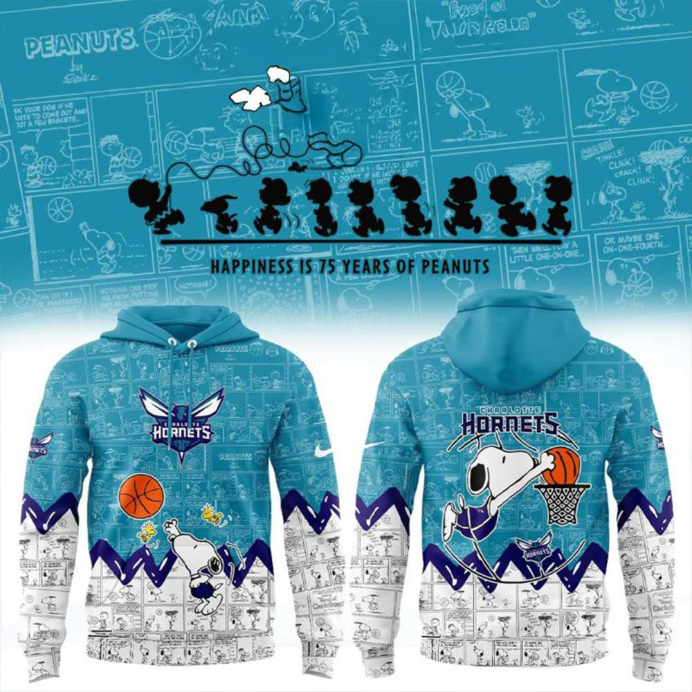 Charlotte Hornets Snoopy Peanuts 75Th Anniversary Hoodie Presents For Basketball Fans-1