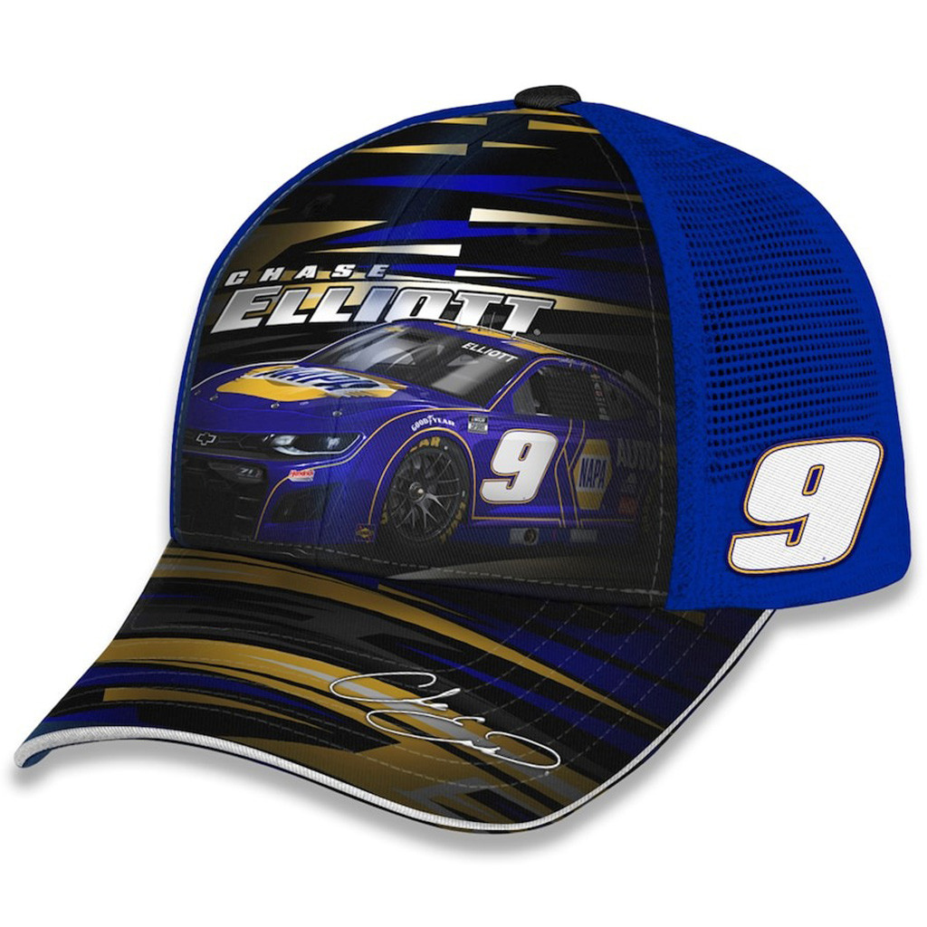 Chase Elliott Checkered Flag Sports Youth Napa Trucker Adjustable Hat Blue Gifts For Fans-1